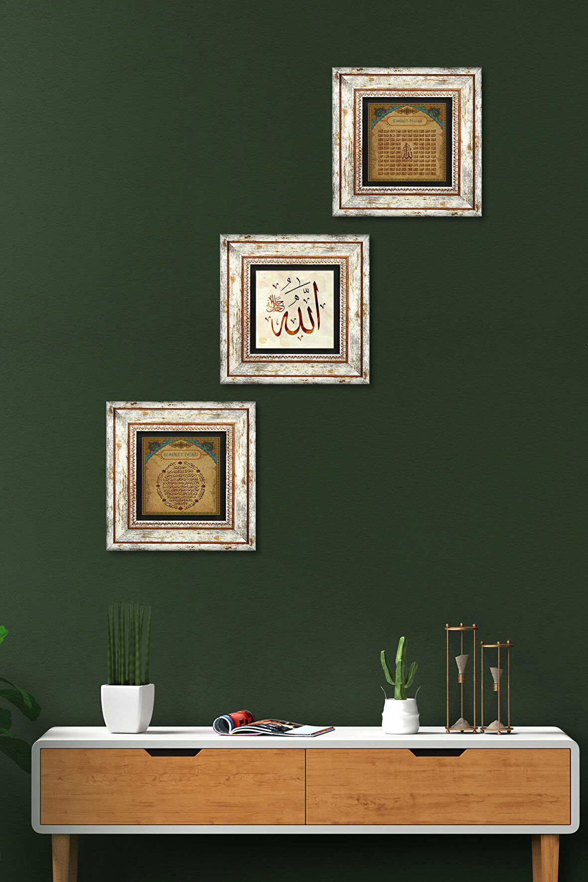 Allah Lafzı, Bereket Duası, Esma'ül Hüsna Taş Duvar Tablosu Çerçeveli Duvar Dekoru 3 Parça Tablo Seti Wall Art