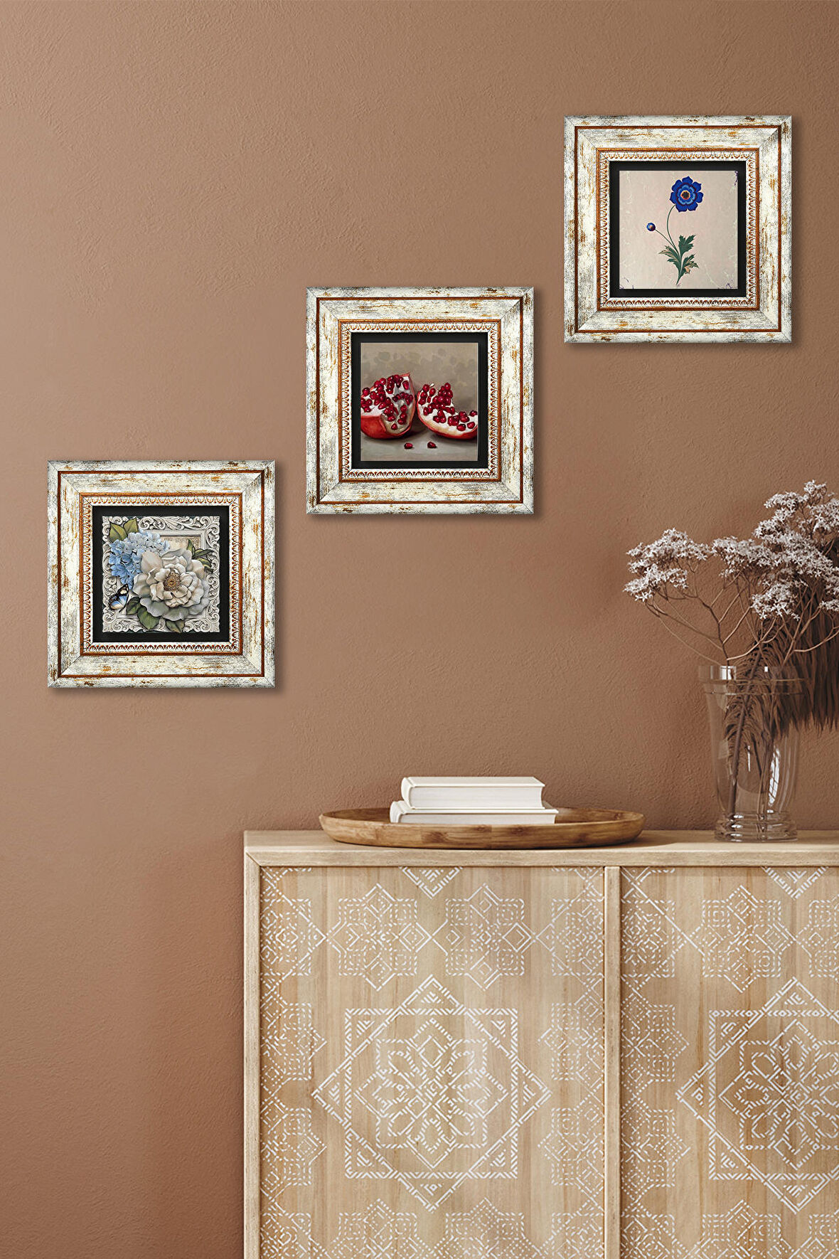 Ebru Sanatı, Kelebekli Çiçek, Nar Taş Duvar Tablosu Çerçeveli Duvar Dekoru 3 Parça Tablo Seti Wall Art