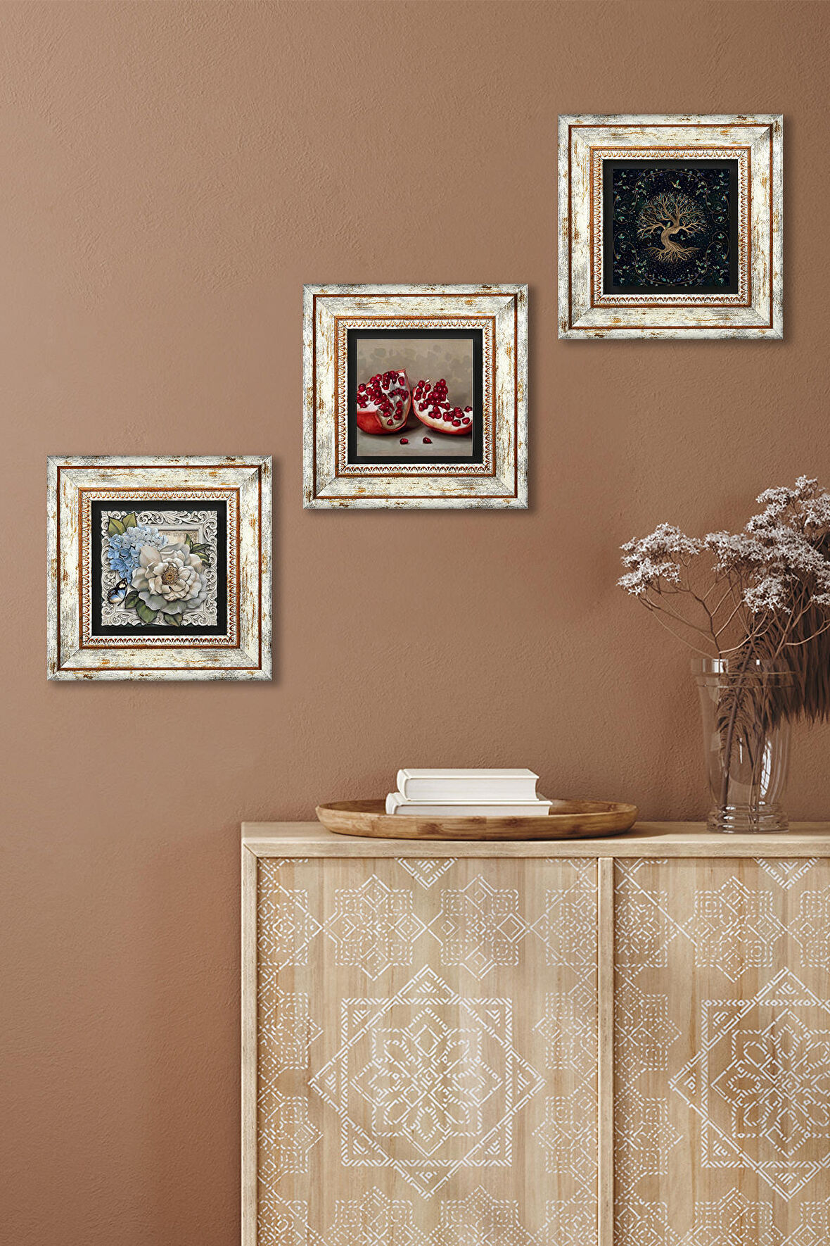 Hayat Ağacı, Kelebekli Çiçek, Nar Taş Duvar Tablosu Çerçeveli Duvar Dekoru 3 Parça Tablo Seti Wall Art