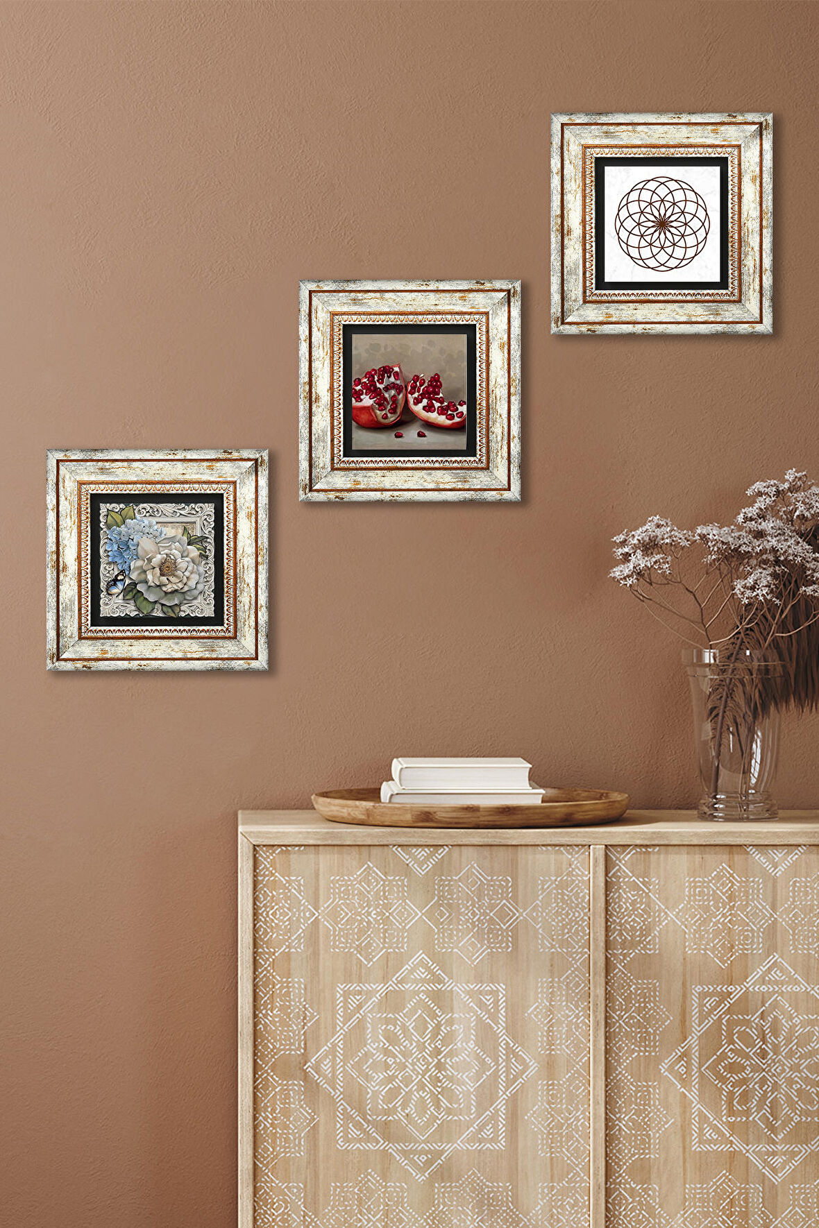 Yaşam Çiçeği, Kelebekli Çiçek, Nar Taş Duvar Tablosu Çerçeveli Duvar Dekoru 3 Parça Tablo Seti Wall Art