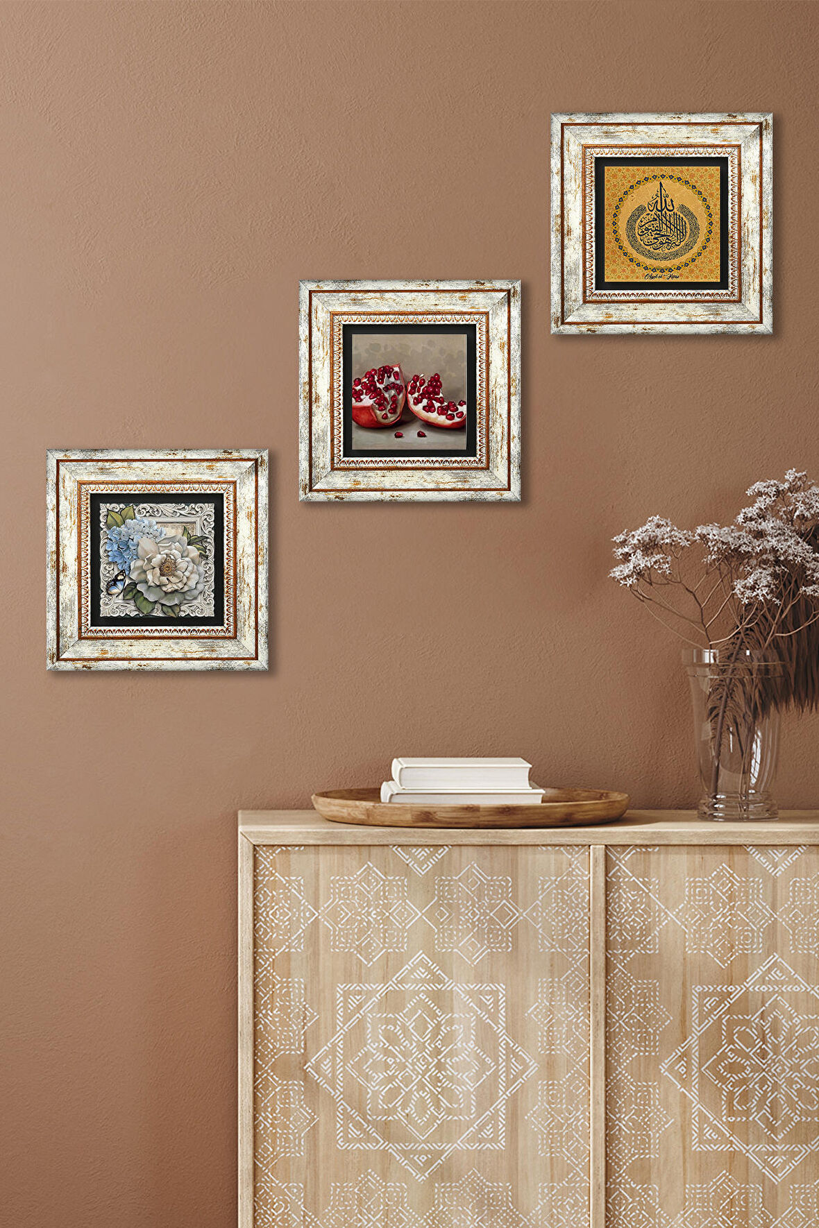 Ayet-el Kürsi, Kelebekli Çiçek, Nar Taş Duvar Tablosu Çerçeveli Duvar Dekoru 3 Parça Tablo Seti Wall Art