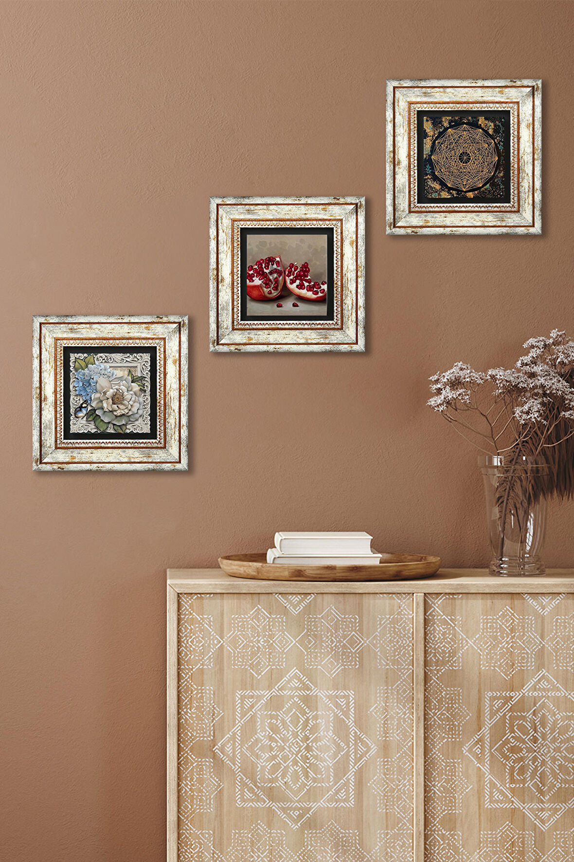 Sri Yantra, Kelebekli Çiçek, Nar Taş Duvar Tablosu Çerçeveli Duvar Dekoru 3 Parça Tablo Seti Wall Art
