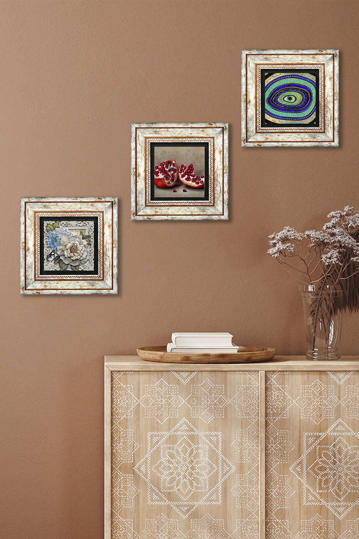 Nazar, Kelebekli Çiçek, Nar Taş Duvar Tablosu Çerçeveli Duvar Dekoru 3 Parça Tablo Seti Wall Art