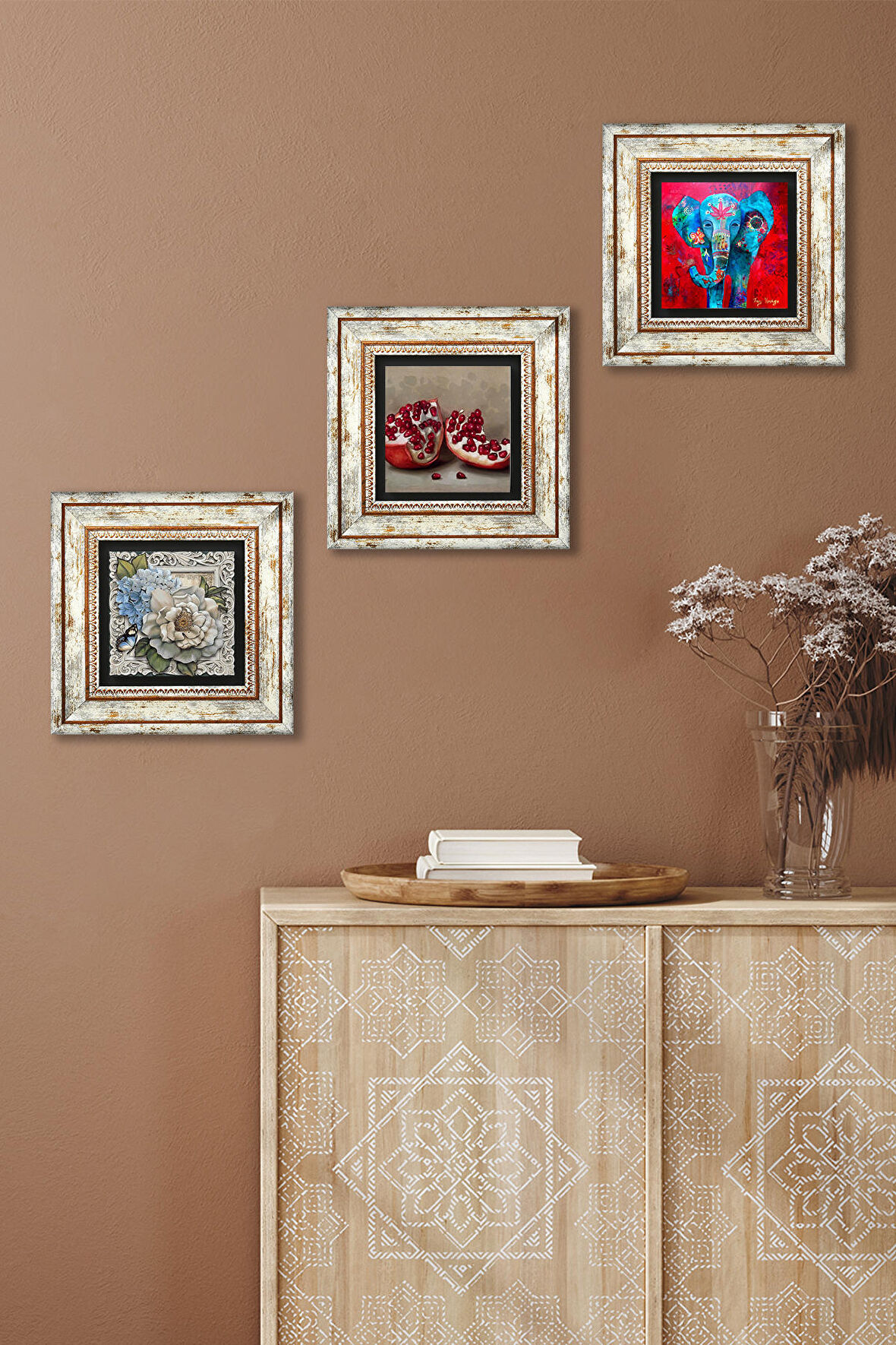 Fil, Kelebekli Çiçek, Nar Taş Duvar Tablosu Çerçeveli Duvar Dekoru 3 Parça Tablo Seti Wall Art