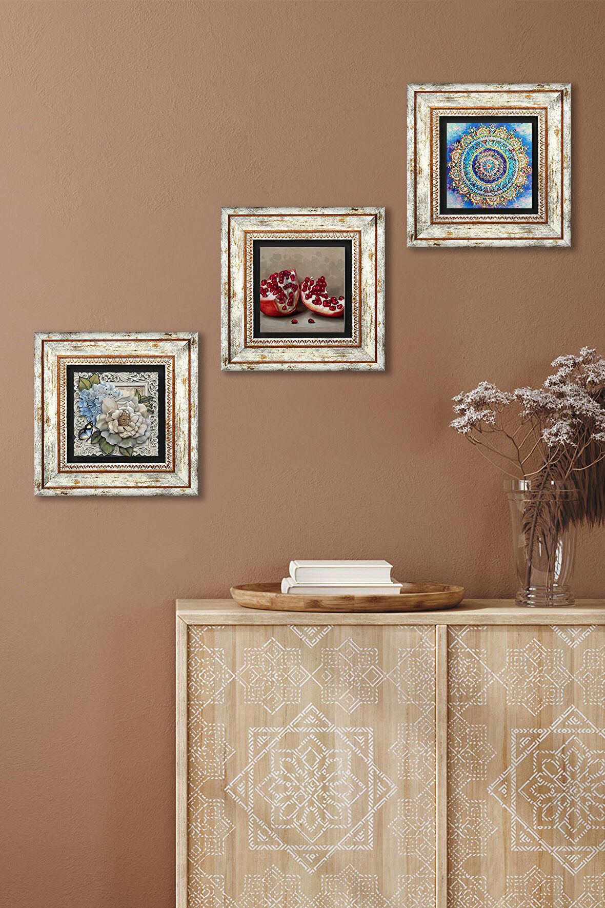 Mandala, Kelebekli Çiçek, Nar Taş Duvar Tablosu Çerçeveli Duvar Dekoru 3 Parça Tablo Seti Wall Art