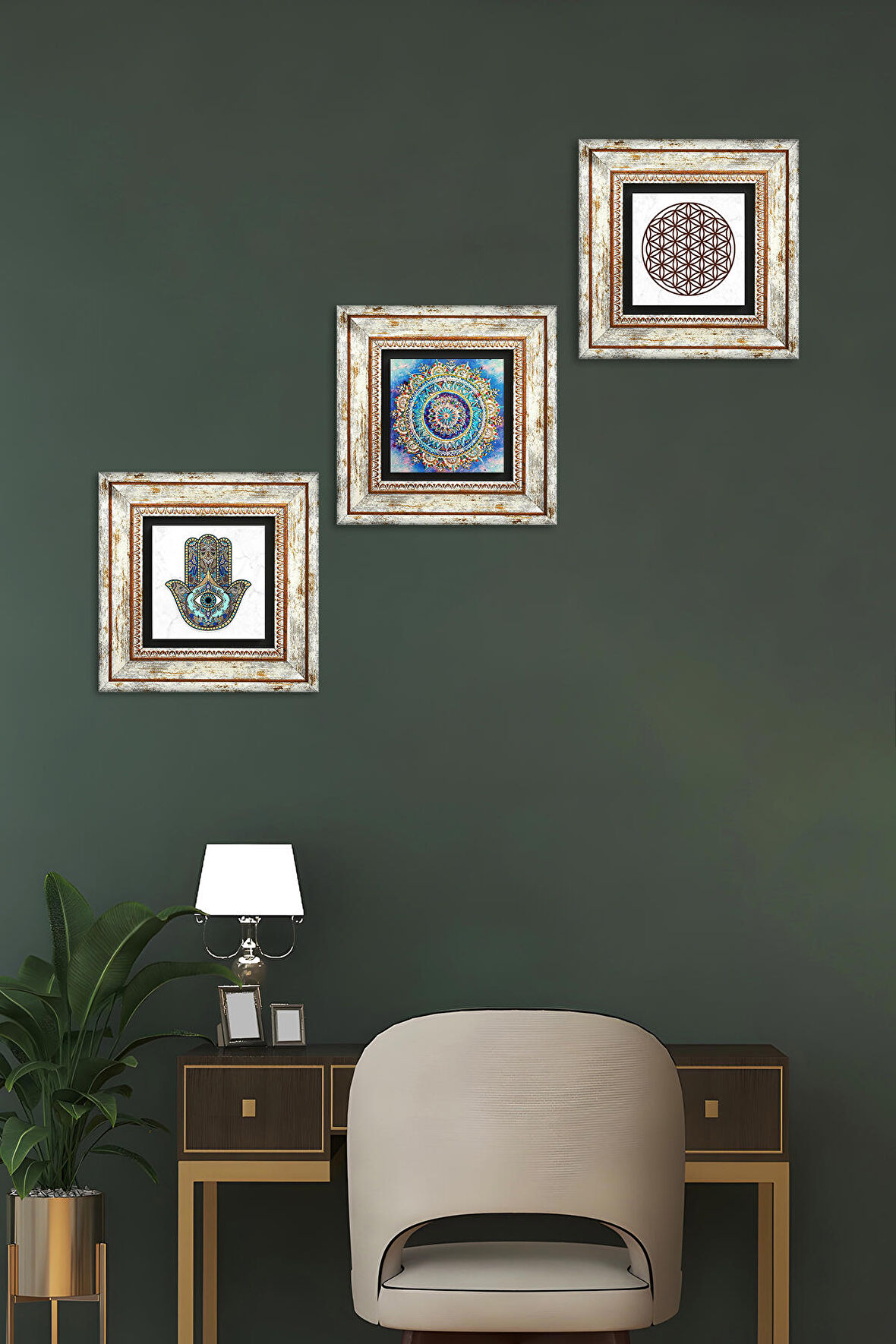 Mandala, Yaşam Çiçeği, Fatma Ana Eli (Hamsa) Taş Duvar Tablosu Çerçeveli Duvar Dekoru 3 Parça Tablo Seti Wall Art