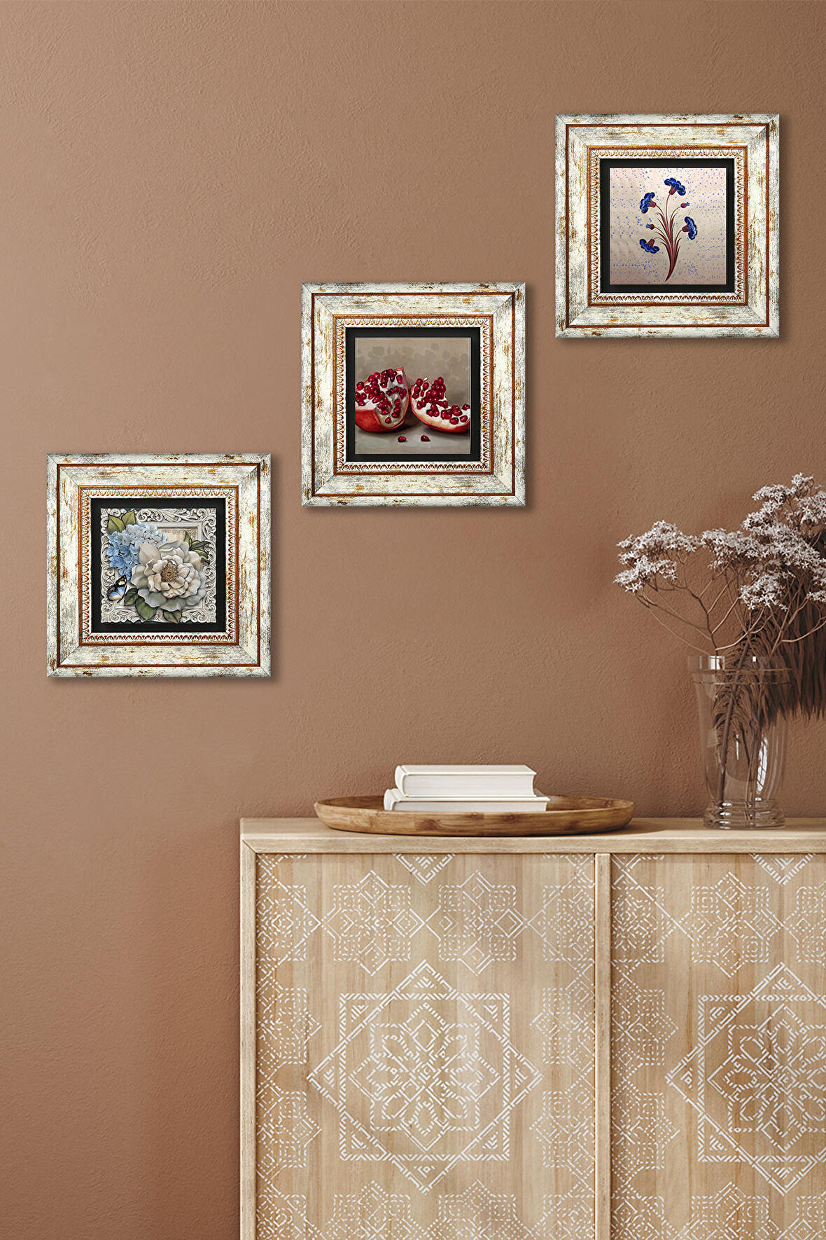 Ebru Sanatı, Kelebekli Çiçek, Nar Taş Duvar Tablosu Çerçeveli Duvar Dekoru 3 Parça Tablo Seti Wall Art