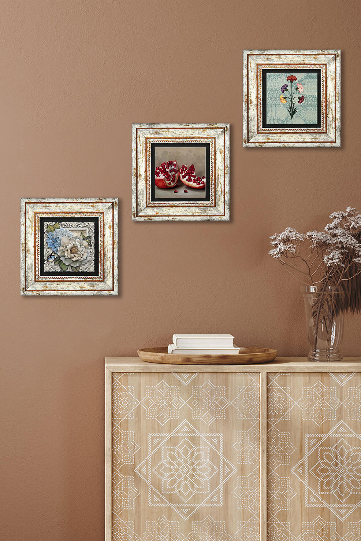 Ebru Sanatı, Kelebekli Çiçek, Nar Taş Duvar Tablosu Çerçeveli Duvar Dekoru 3 Parça Tablo Seti Wall Art