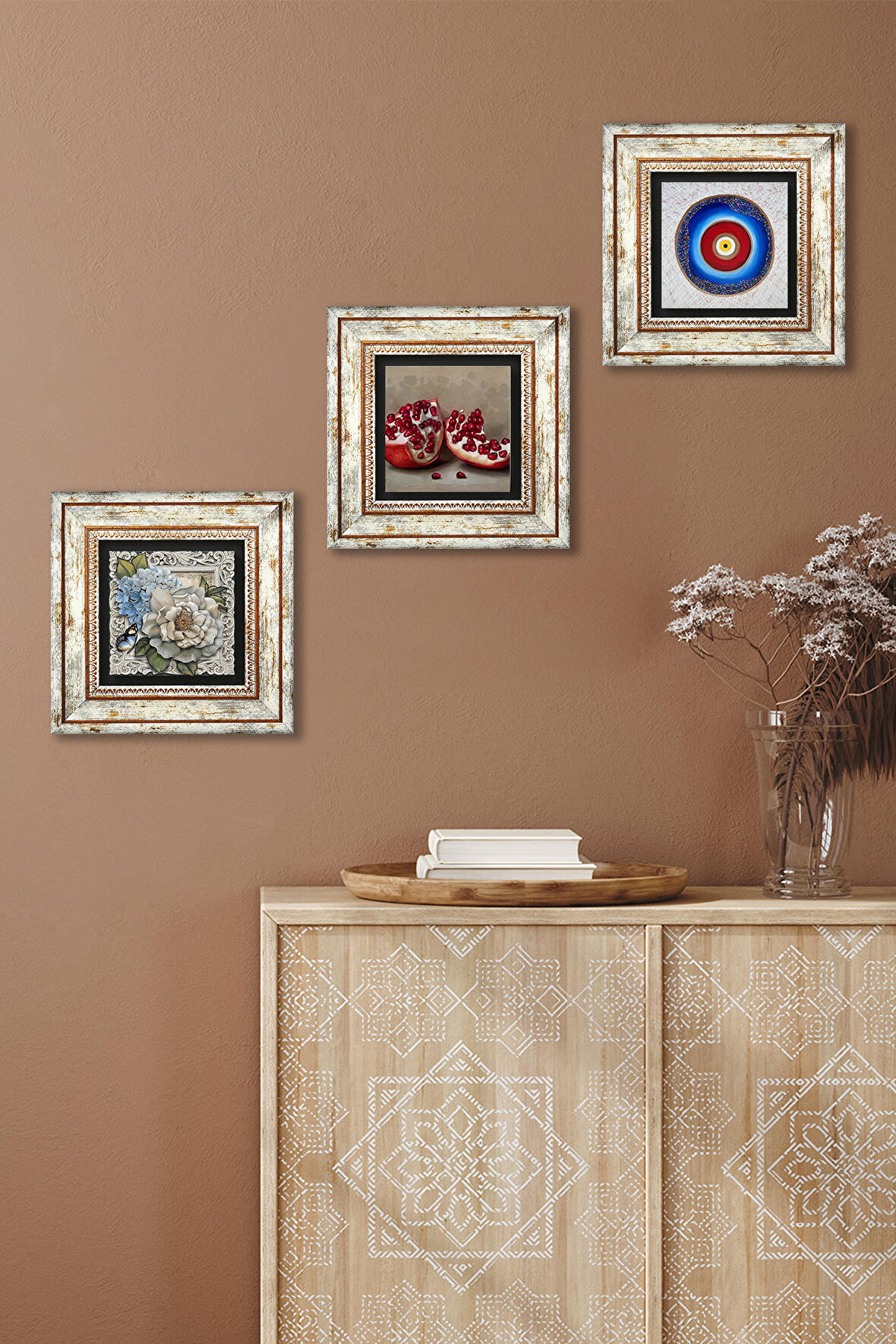Nazar, Kelebekli Çiçek, Nar Taş Duvar Tablosu Çerçeveli Duvar Dekoru 3 Parça Tablo Seti Wall Art