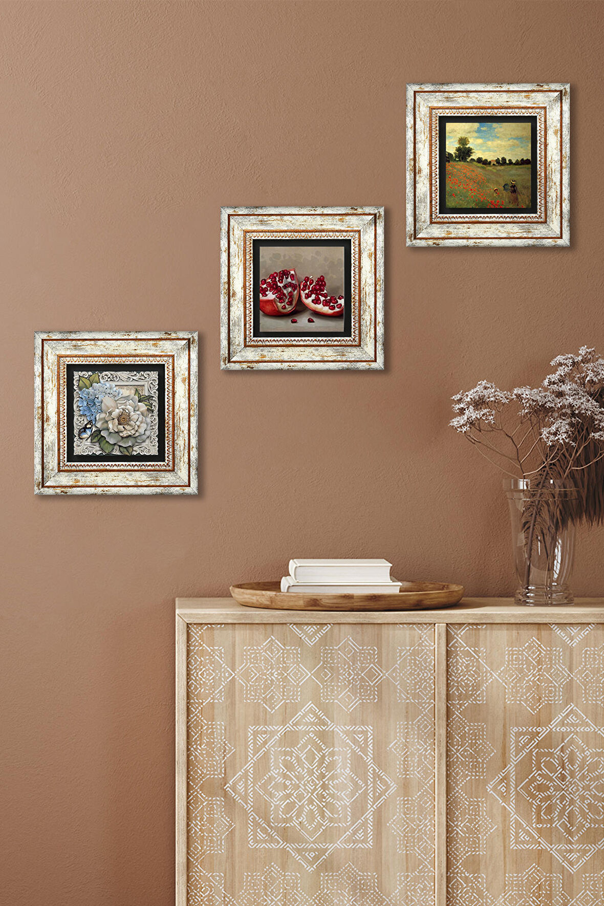 Claude Monet Gelincikler, Kelebekli Çiçek, Nar Taş Duvar Tablosu Çerçeveli Duvar Dekoru 3 Parça Tablo Seti Wall Art