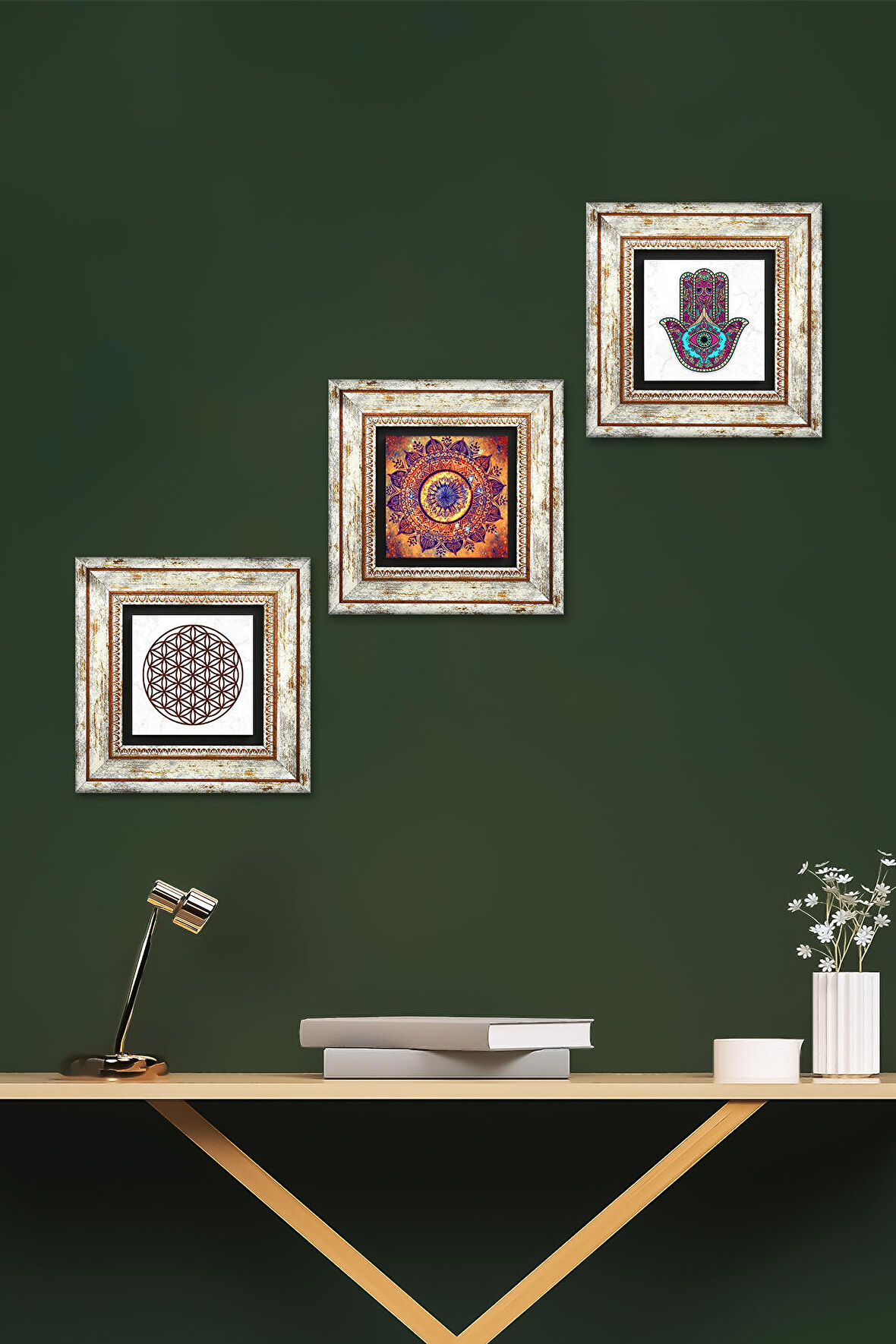 Mandala, Yaşam Çiçeği, Fatma Ana Eli (Hamsa) Taş Duvar Tablosu Çerçeveli Duvar Dekoru 3 Parça Tablo Seti Wall Art