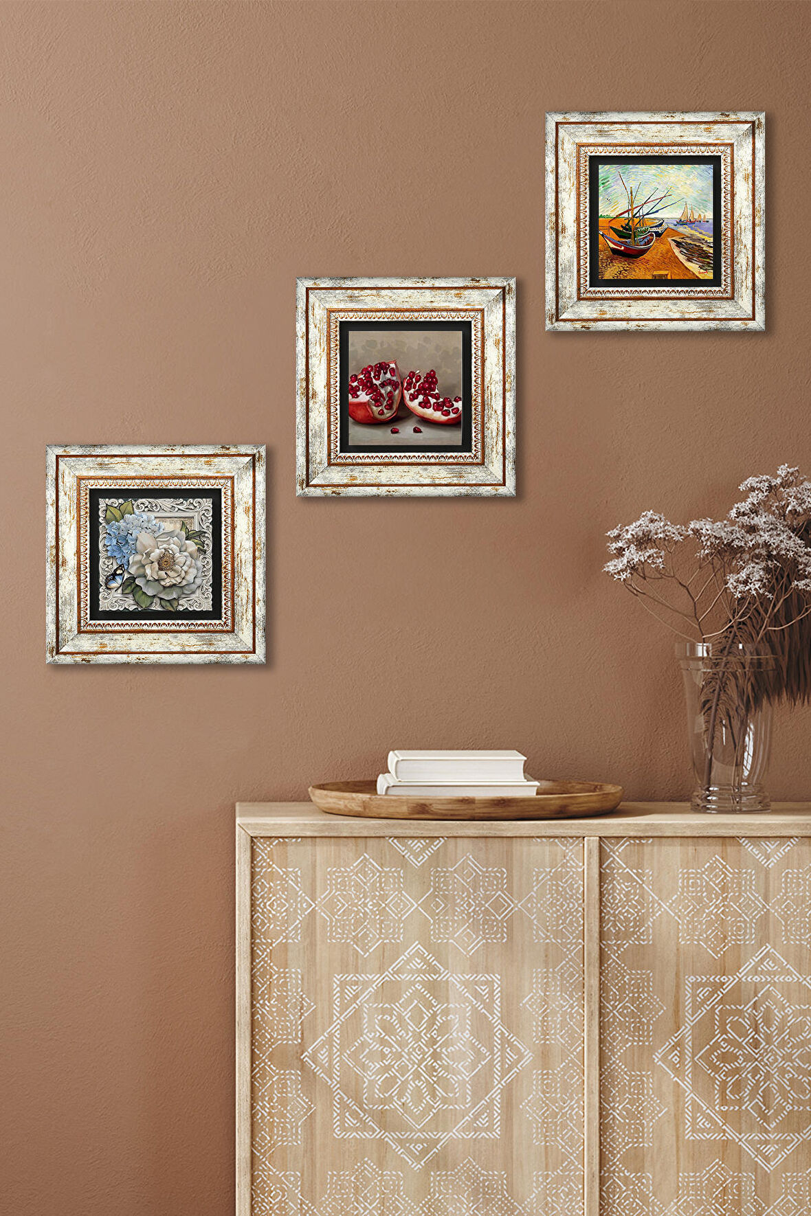 Van Gogh Balıkçı Tekneleri, Kelebekli Çiçek, Nar Taş Duvar Tablosu Çerçeveli Duvar Dekoru 3 Parça Tablo Seti Wall Art