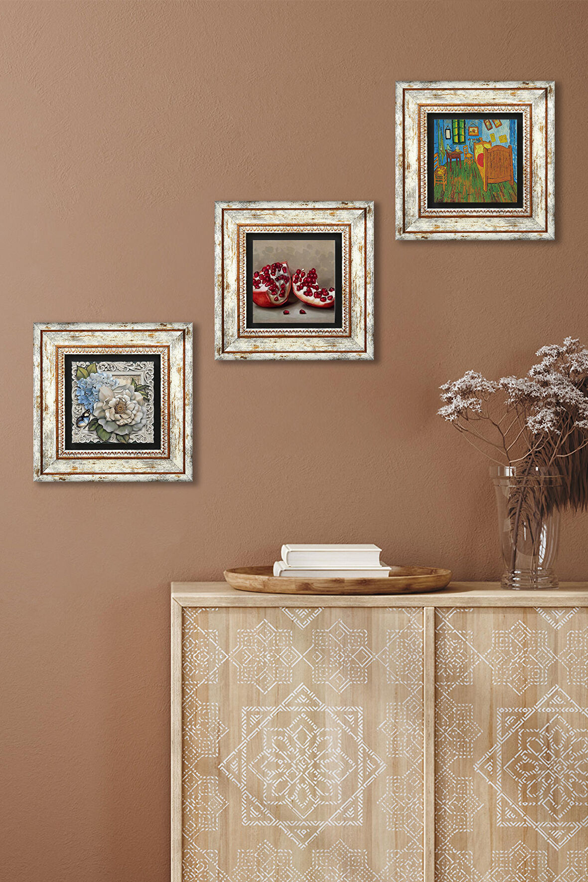 Van Gogh Arles'teki Yatak Odası, Kelebekli Çiçek, Nar Taş Duvar Tablosu Çerçeveli Duvar Dekoru 3 Parça Tablo Seti Wall Art