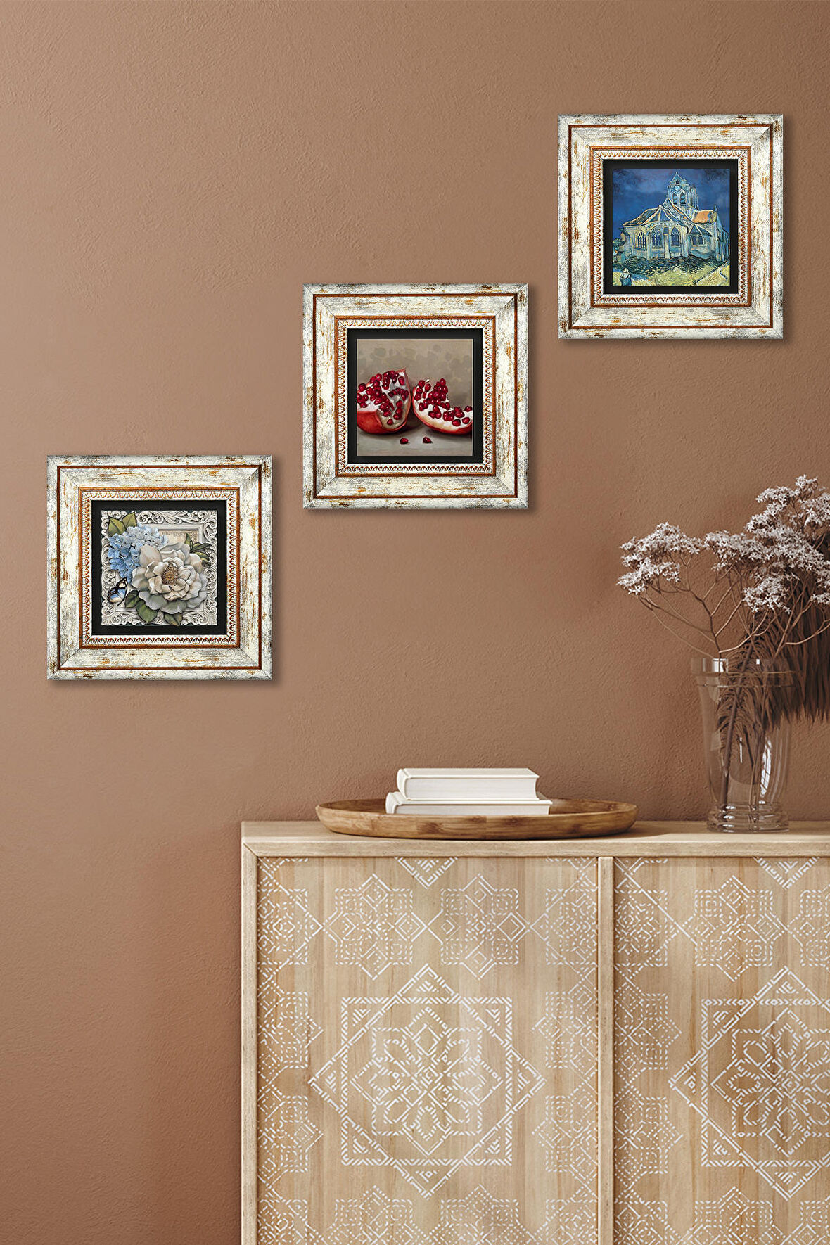 Van Gogh Auvers'deki Kilise, Kelebekli Çiçek, Nar Taş Duvar Tablosu Çerçeveli Duvar Dekoru 3 Parça Tablo Seti Wall Art