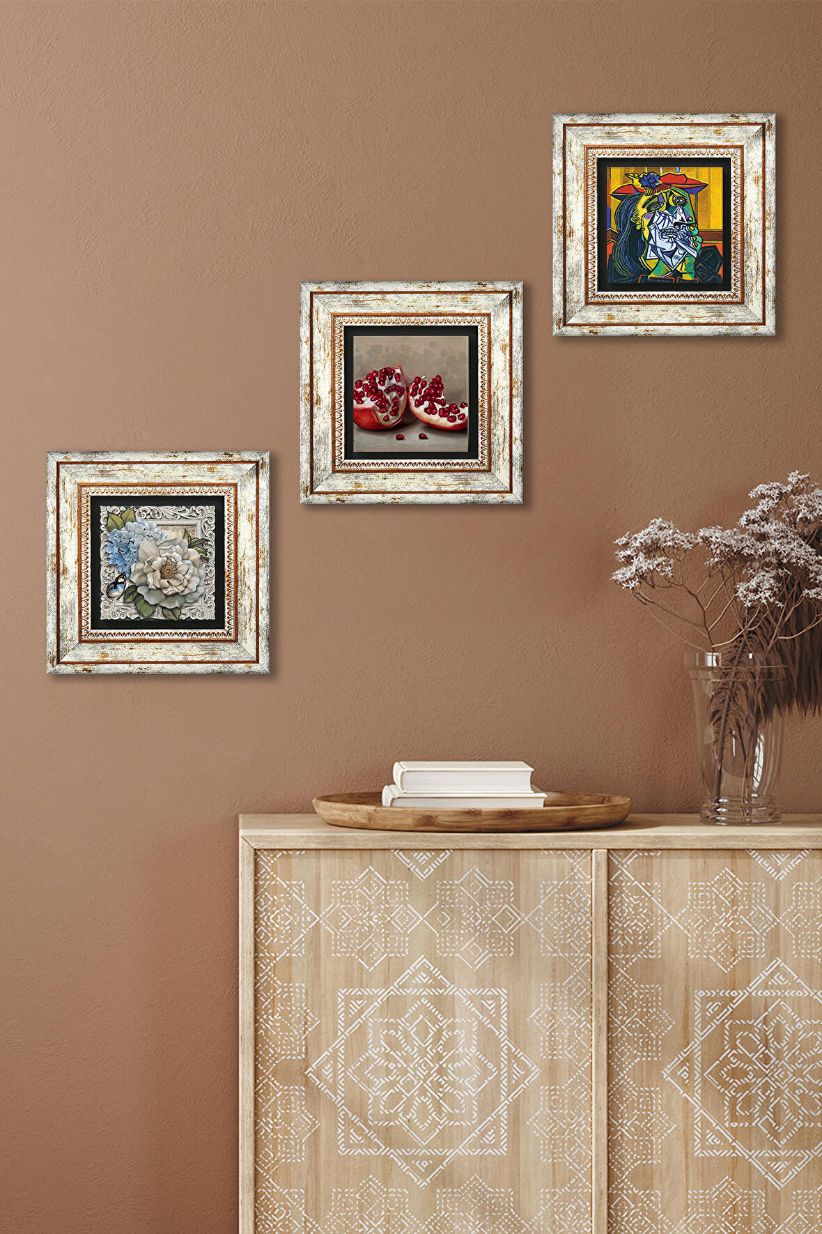 Picasso Ağlayan Kadın, Kelebekli Çiçek, Nar Taş Duvar Tablosu Çerçeveli Duvar Dekoru 3 Parça Tablo Seti Wall Art