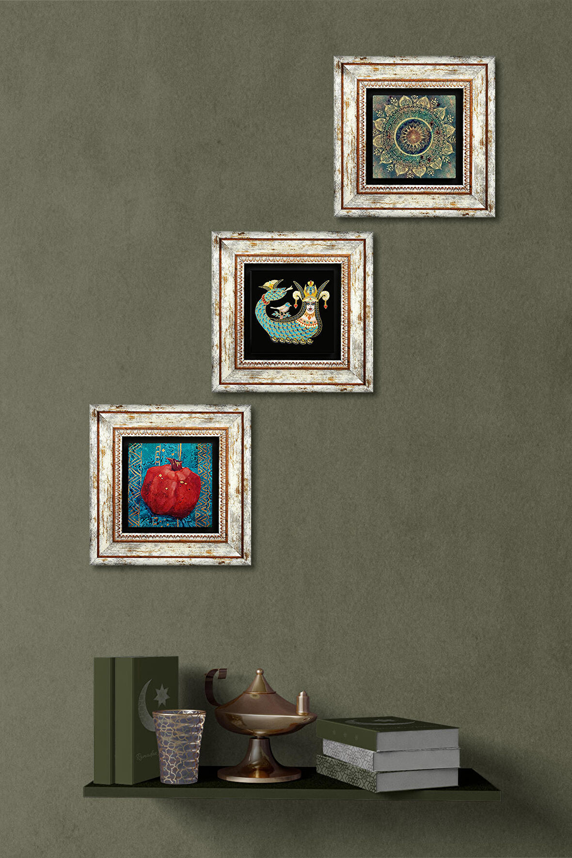 Mandala, Şahmeran, Nar Taş Duvar Tablosu Çerçeveli Duvar Dekoru 3 Parça Tablo Seti Wall Art