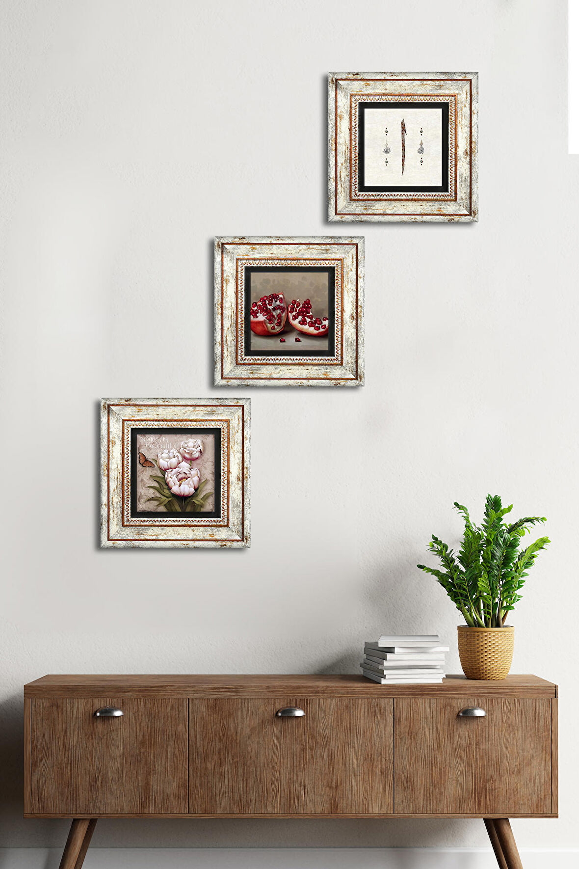 Elif, Kelebekli Çiçek, Nar Taş Duvar Tablosu Çerçeveli Duvar Dekoru 3 Parça Tablo Seti Wall Art