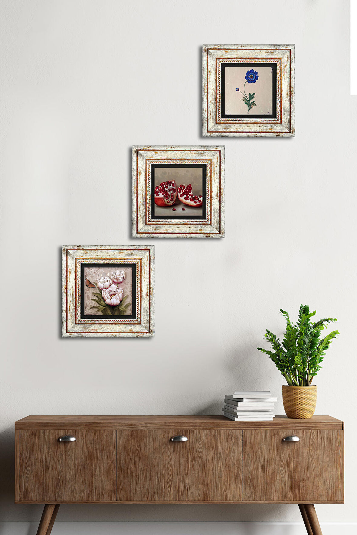 Ebru Sanatı, Kelebekli Çiçek, Nar Taş Duvar Tablosu Çerçeveli Duvar Dekoru 3 Parça Tablo Seti Wall Art