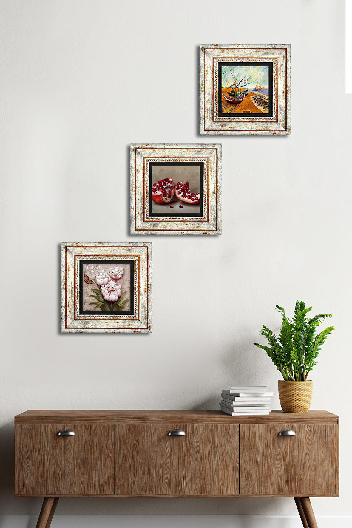 Van Gogh Balıkçı Tekneleri, Kelebekli Çiçek, Nar Taş Duvar Tablosu Çerçeveli Duvar Dekoru 3 Parça Tablo Seti Wall Art