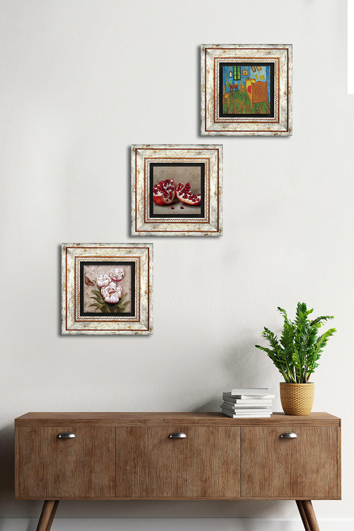 Van Gogh Arles'teki Yatak Odası, Kelebekli Çiçek, Nar Taş Duvar Tablosu Çerçeveli Duvar Dekoru 3 Parça Tablo Seti Wall Art