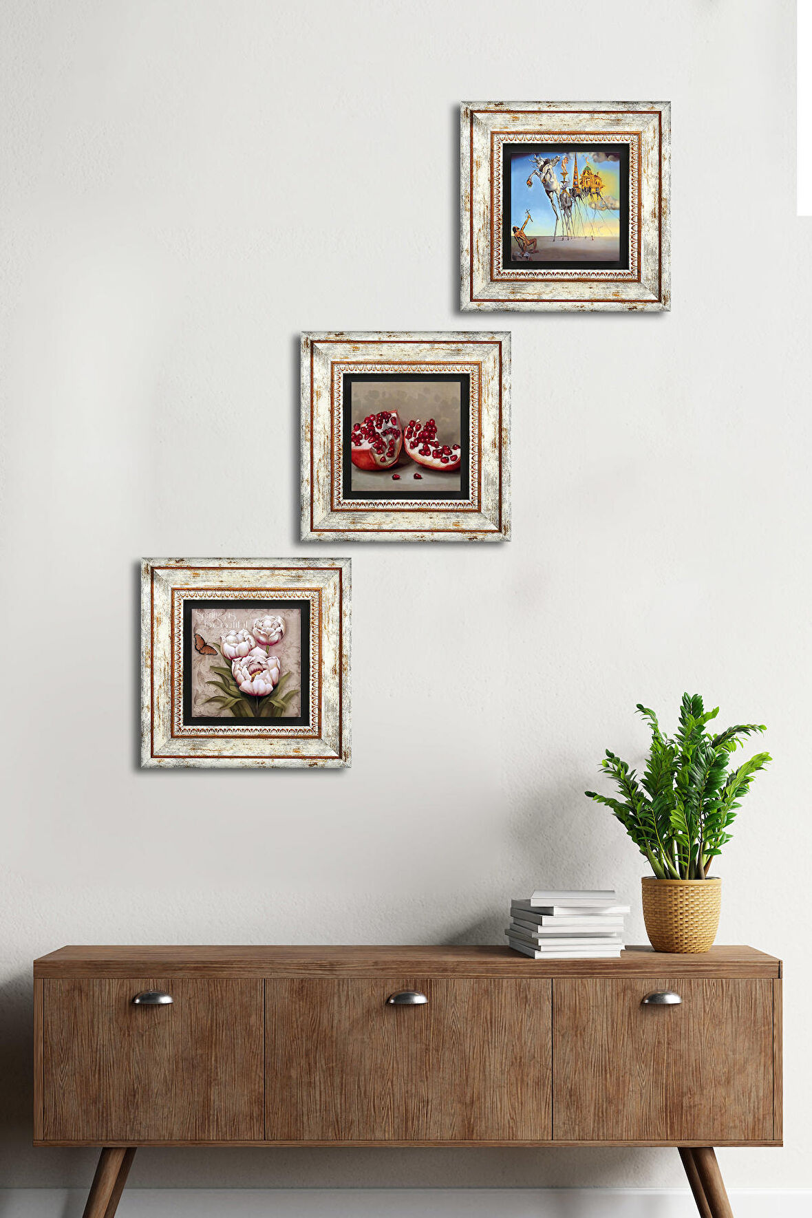 Salvador Dalí, Kelebekli Çiçek, Nar Taş Duvar Tablosu Çerçeveli Duvar Dekoru 3 Parça Tablo Seti Wall Art