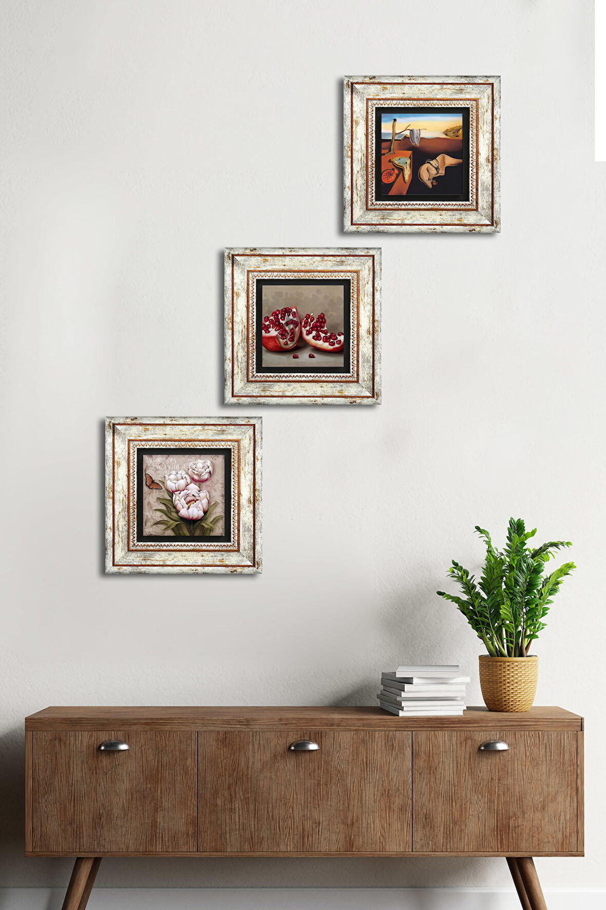 Salvador Dalí Belleğin Azmi, Kelebekli Çiçek, Nar Taş Duvar Tablosu Çerçeveli Duvar Dekoru 3 Parça Tablo Seti Wall Art