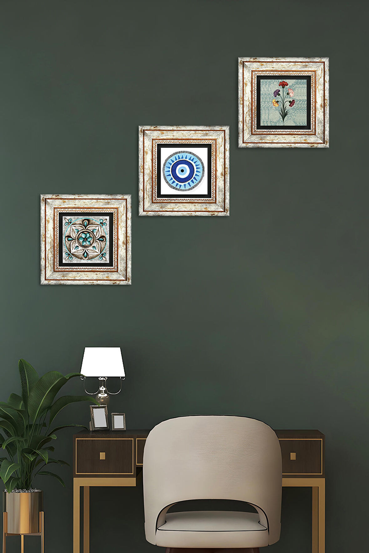 Nazar, Ebru Sanatı, Çini Sanatı Taş Duvar Tablosu Çerçeveli Duvar Dekoru 3 Parça Tablo Seti Wall Art