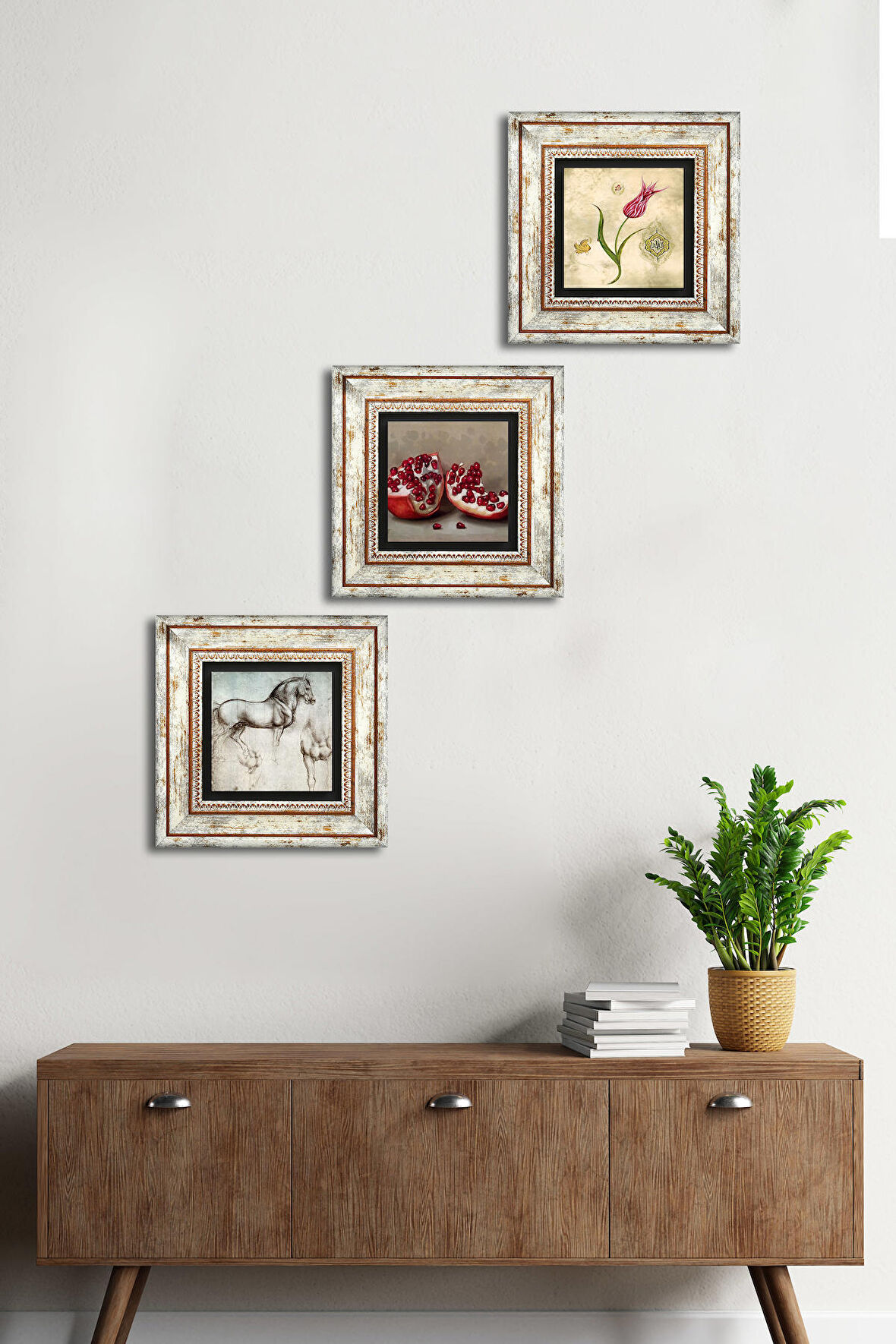 Lale Ebru Sanatı, Leonardo da Vinci At Heykeli, Nar Taş Duvar Tablosu Çerçeveli Duvar Dekoru 3 Parça Tablo Seti Wall Art