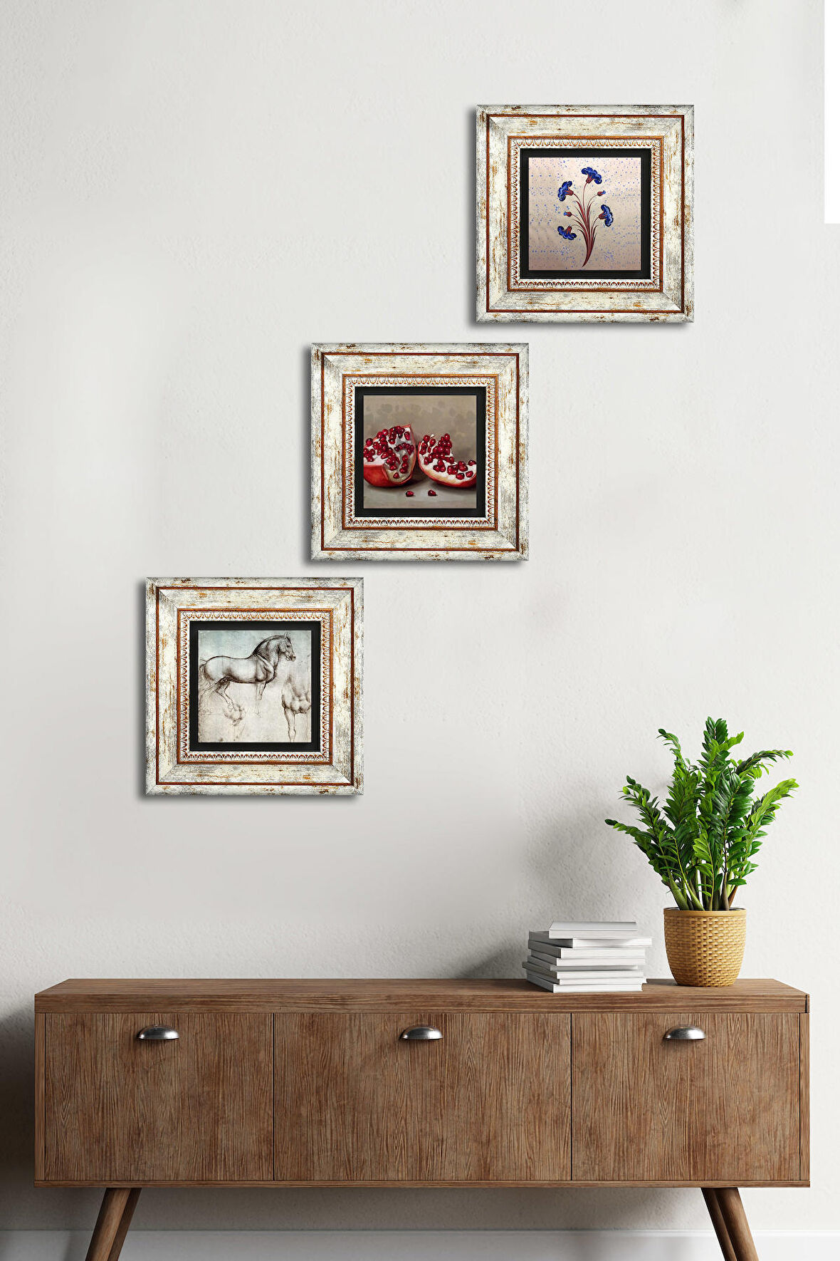 Ebru Sanatı, Leonardo da Vinci At Heykeli, Nar Taş Duvar Tablosu Çerçeveli Duvar Dekoru 3 Parça Tablo Seti Wall Art