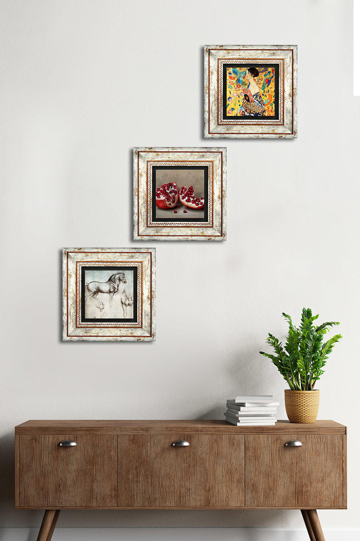 Gustav Klimt Yelpazeli Kadın, Da Vinci At Heykeli, Nar Taş Duvar Tablosu Çerçeveli Duvar Dekoru 3 Parça Tablo Seti Wall Art
