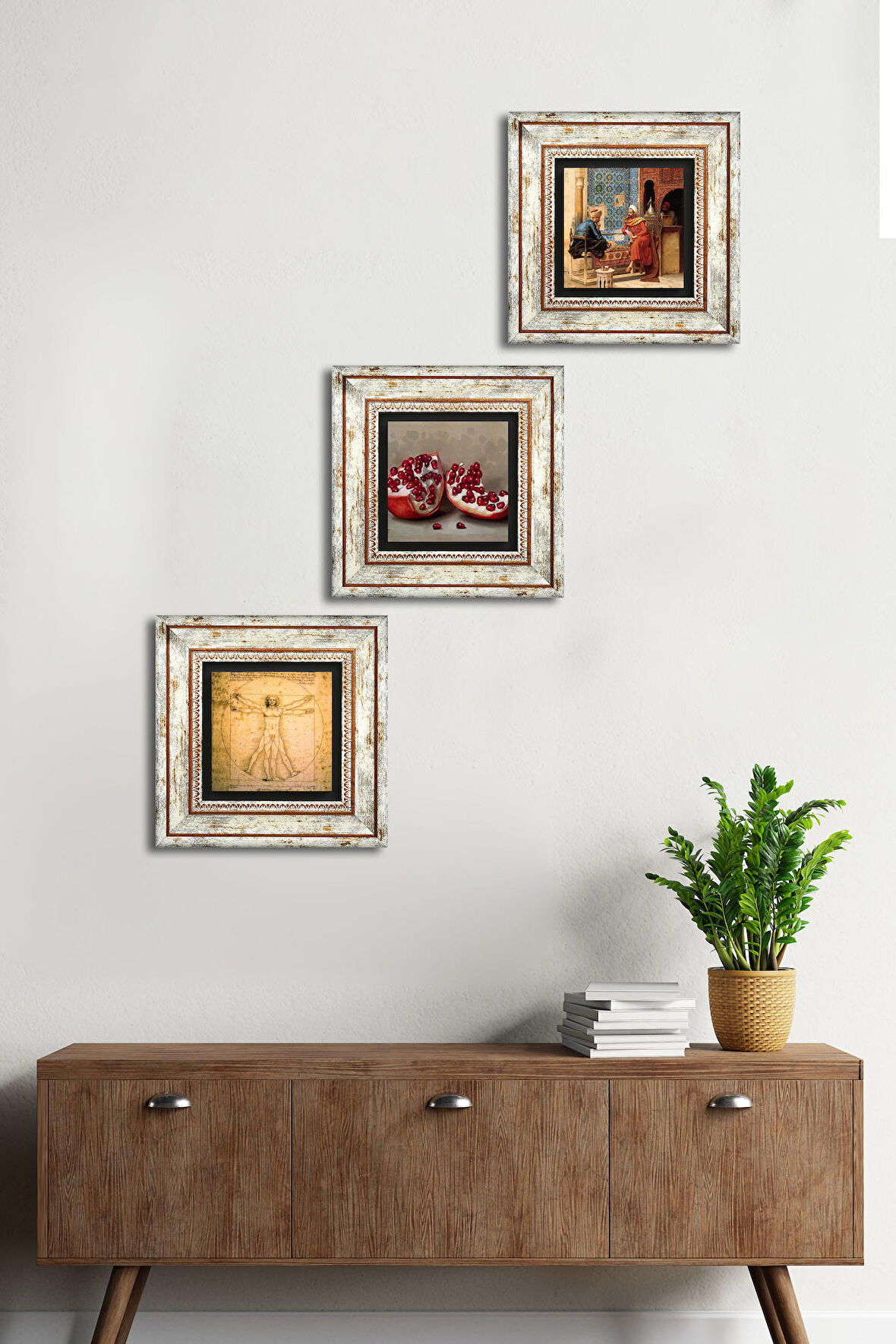 Satranç Oyunu, Leonardo da Vinci Vitruvius Adamı, Nar Taş Duvar Tablosu Çerçeveli Duvar Dekoru 3 Parça Tablo Seti Wall Art