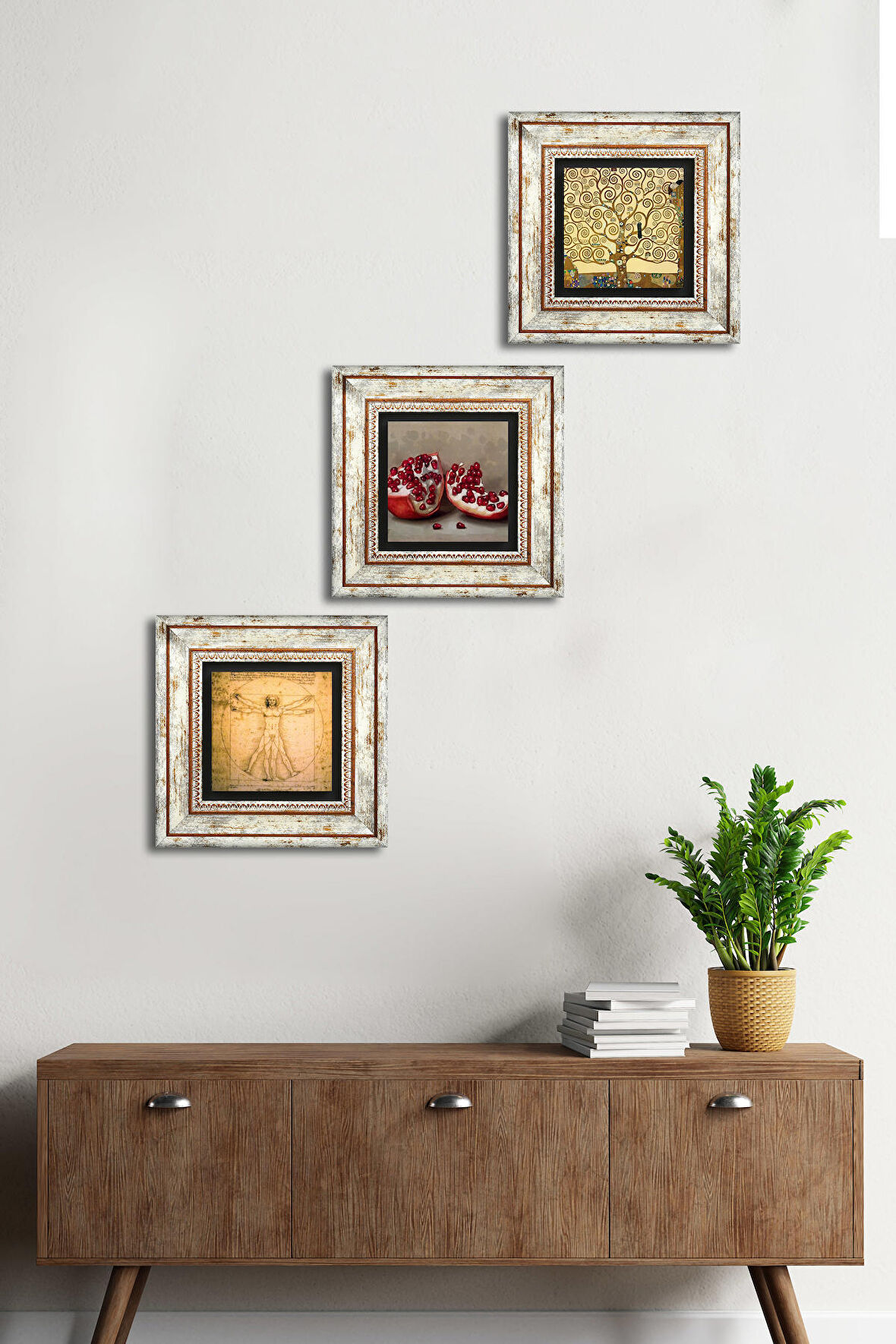 Gustav Klimt Hayat Ağacı, Da Vinci Vitruvius Adamı, Nar Taş Duvar Tablosu Çerçeveli Duvar Dekoru 3 Parça Tablo Seti Wall Art