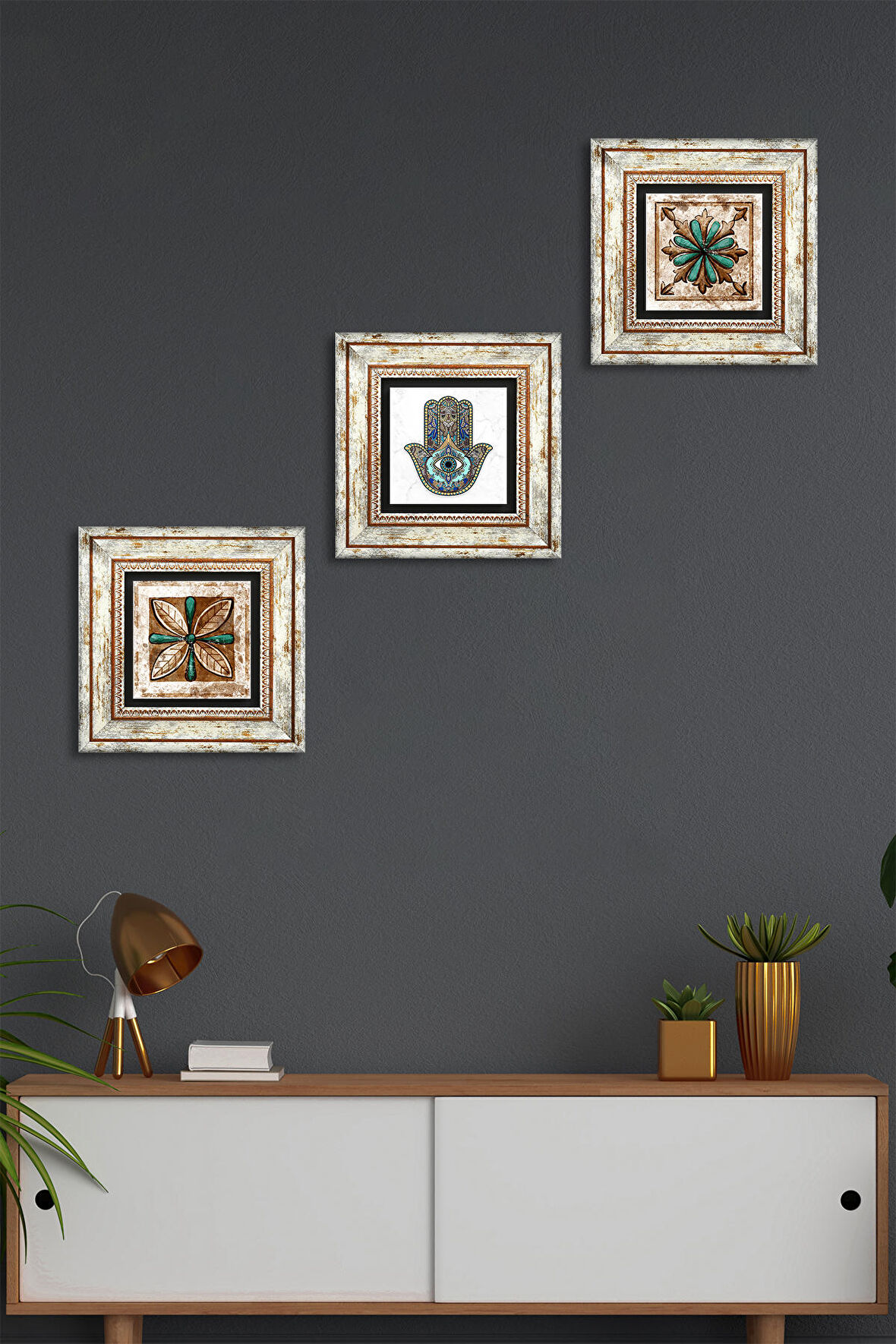 Fas Desenli Vintage, Fatma Ana Eli (Hamsa) Taş Duvar Tablosu Çerçeveli Duvar Dekoru 3 Parça Tablo Seti Wall Art