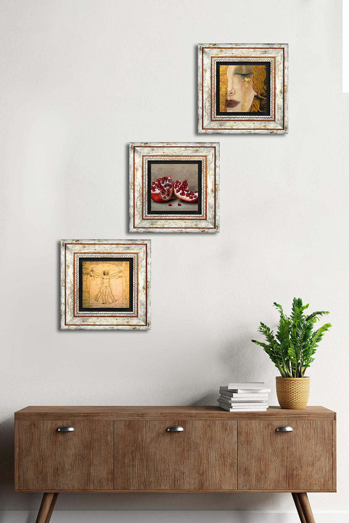 Gustav Klimt, Da Vinci, Nar Taş Duvar Tablosu Çerçeveli Duvar Dekoru 3 Parça Tablo Seti Wall Art
