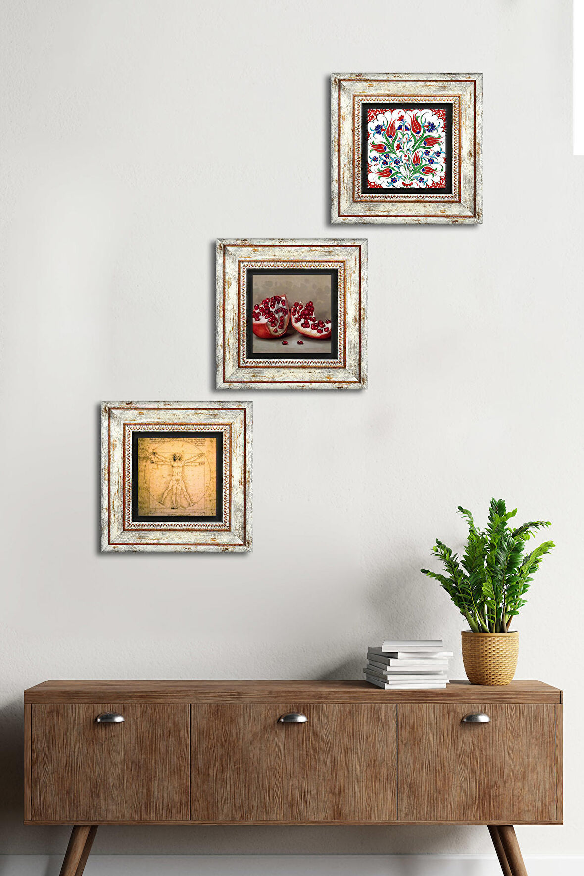 Çini Sanatı Lale, Leonardo da Vinci Vitruvius Adamı, Nar Taş Duvar Tablosu Çerçeveli Duvar Dekoru 3 Parça Tablo Seti Wall Art