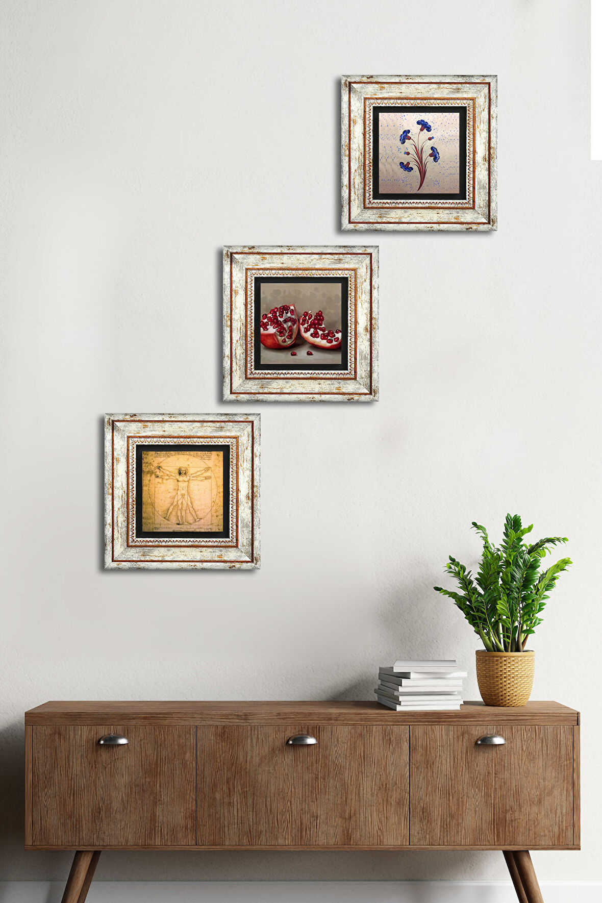Ebru Sanatı, Leonardo da Vinci Vitruvius Adamı, Nar Taş Duvar Tablosu Çerçeveli Duvar Dekoru 3 Parça Tablo Seti Wall Art