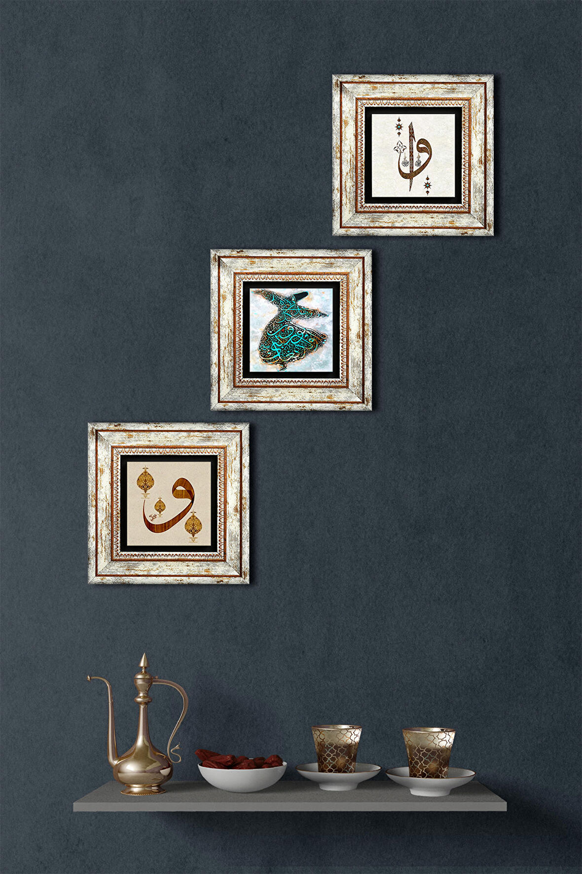 Elif Vav, Semazen, Vav Taş Duvar Tablosu Çerçeveli Duvar Dekoru 3 Parça Tablo Seti Wall Art