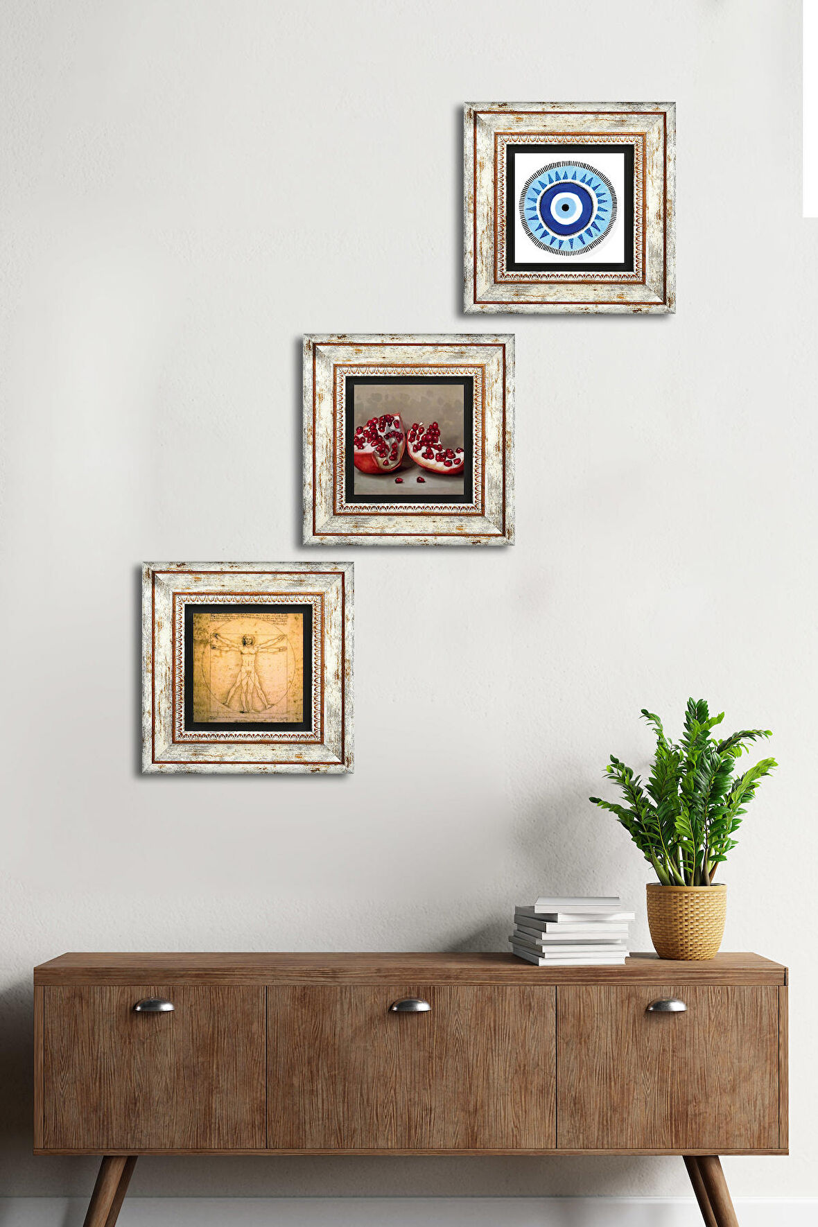 Nazar, Leonardo da Vinci Vitruvius Adamı, Nar Taş Duvar Tablosu Çerçeveli Duvar Dekoru 3 Parça Tablo Seti Wall Art