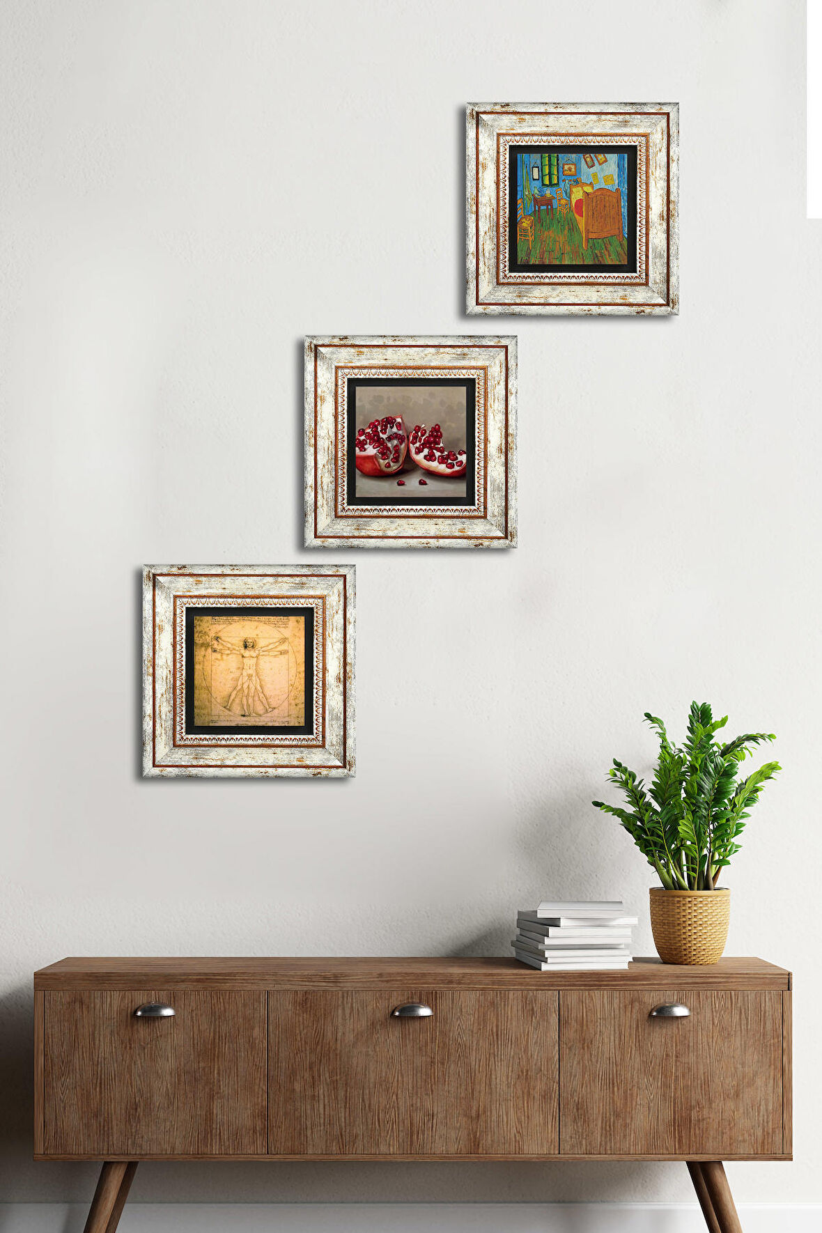 Van Gogh Yatak Odası, Da Vinci Vitruvius Adamı, Nar Taş Duvar Tablosu Çerçeveli Duvar Dekoru 3 Parça Tablo Seti Wall Art