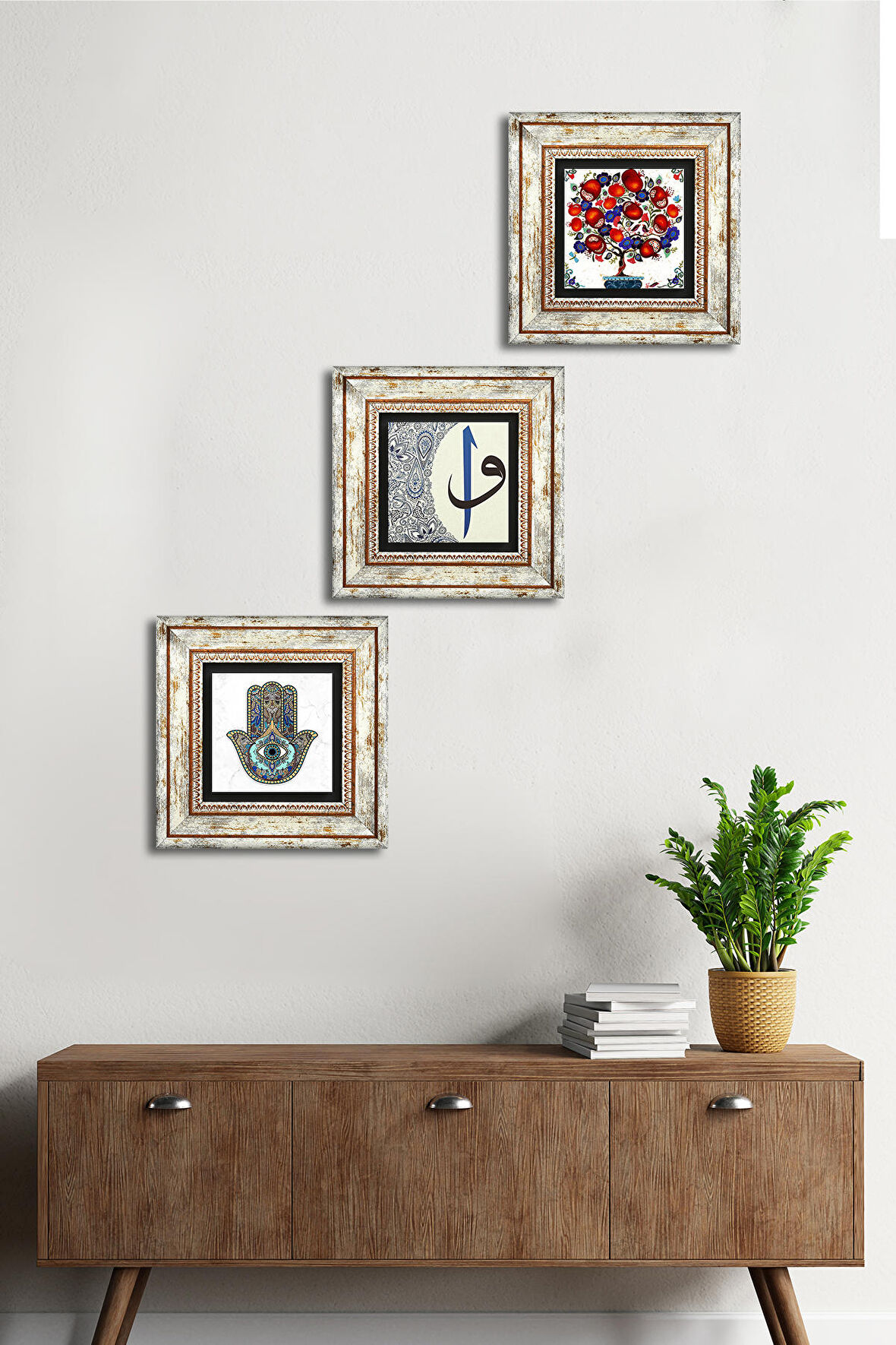 Elif-Vav, Nar Ağacı, Fatma Ana Eli (Hamsa) Taş Duvar Tablosu Çerçeveli Duvar Dekoru 3 Parça Tablo Seti Wall Art