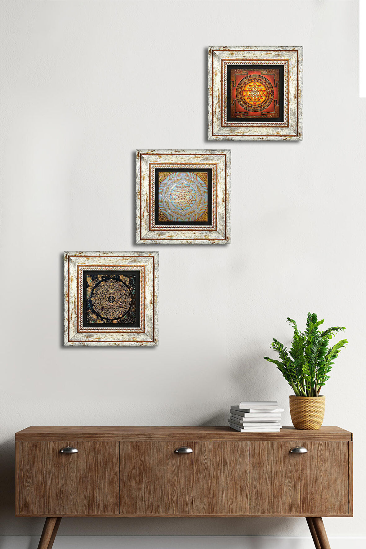 Sri Yantra Taş Duvar Tablosu Çerçeveli Duvar Dekoru 3 Parça Tablo Seti Wall Art