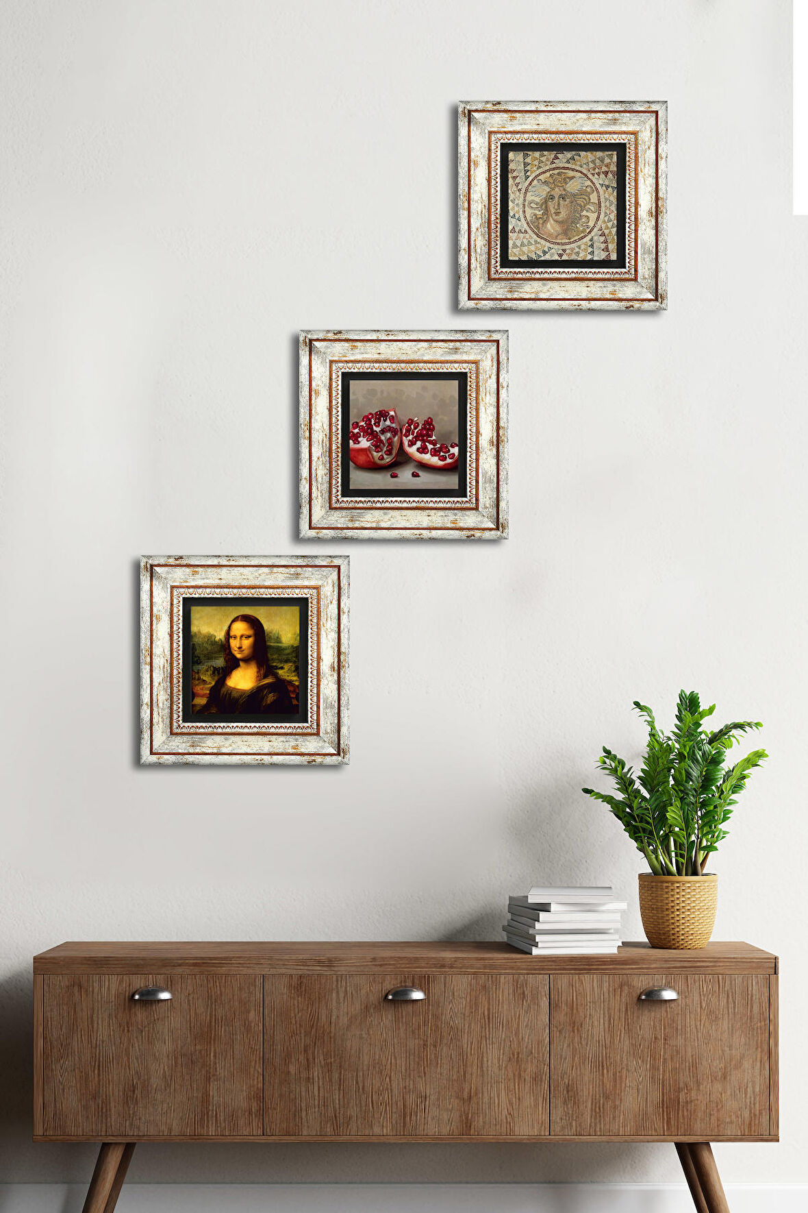 Mozaik Serisi, Leonardo da Vinci Mona Lisa, Nar Taş Duvar Tablosu Çerçeveli Duvar Dekoru 3 Parça Tablo Seti Wall Art