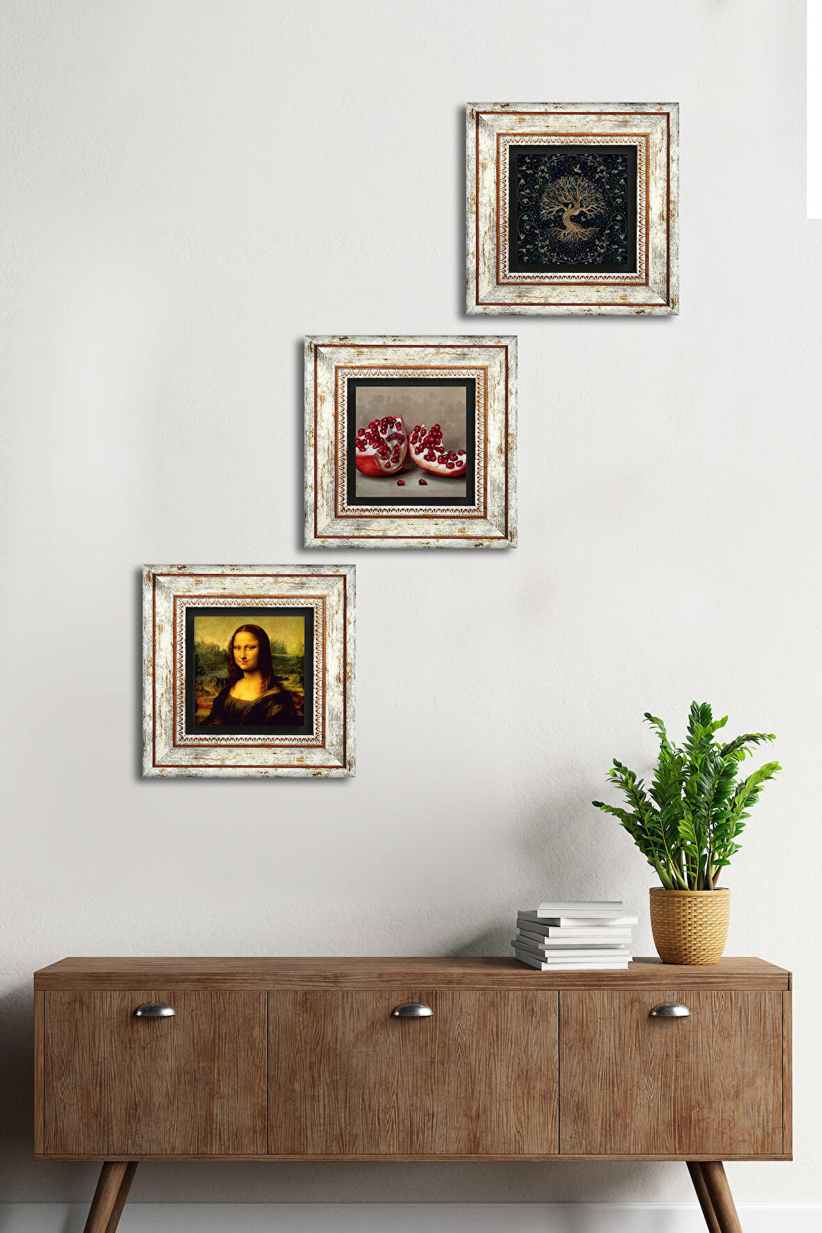 Hayat Ağacı, Leonardo da Vinci Mona Lisa, Nar Taş Duvar Tablosu Çerçeveli Duvar Dekoru 3 Parça Tablo Seti Wall Art