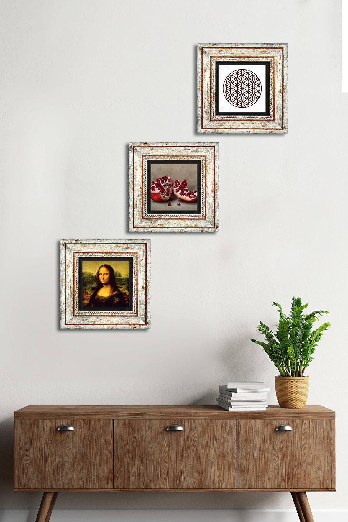 Yaşam Çiçeği, Leonardo da Vinci Mona Lisa, Nar Taş Duvar Tablosu Çerçeveli Duvar Dekoru 3 Parça Tablo Seti Wall Art