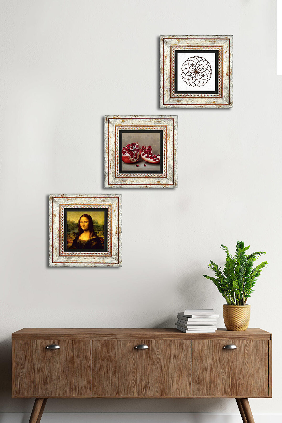 Yaşam Çiçeği, Leonardo da Vinci Mona Lisa, Nar Taş Duvar Tablosu Çerçeveli Duvar Dekoru 3 Parça Tablo Seti Wall Art