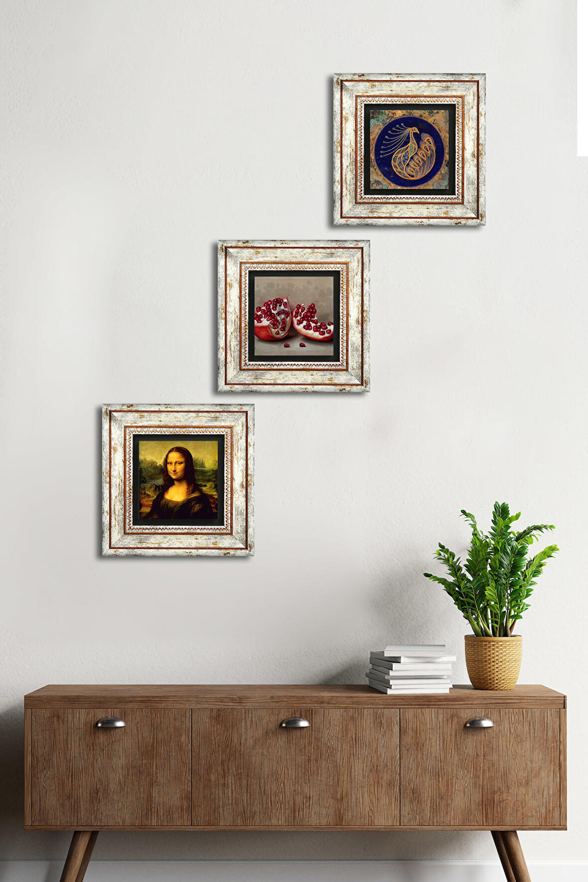 Tavus Kuşu, Leonardo da Vinci Mona Lisa, Nar Taş Duvar Tablosu Çerçeveli Duvar Dekoru 3 Parça Tablo Seti Wall Art