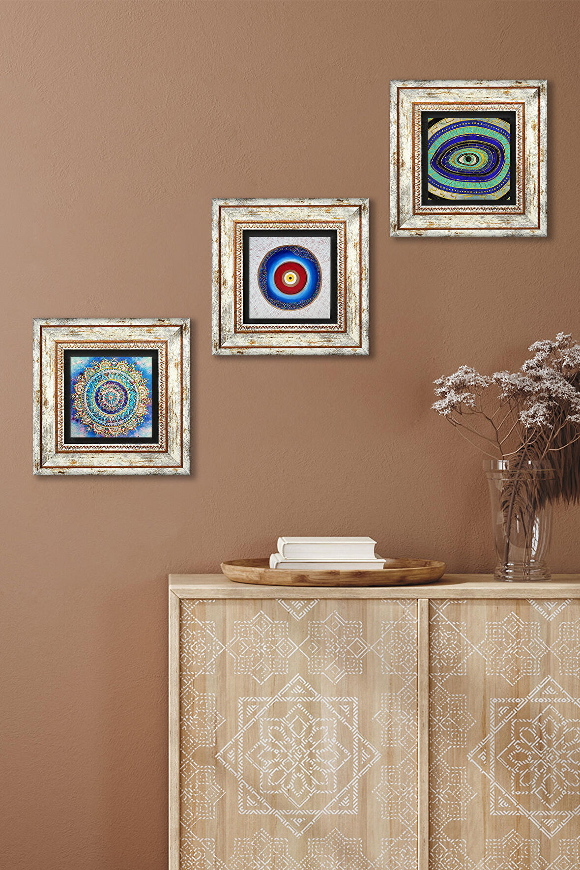 Mandala, Nazar Taş Duvar Tablosu Çerçeveli Duvar Dekoru 3 Parça Tablo Seti Wall Art