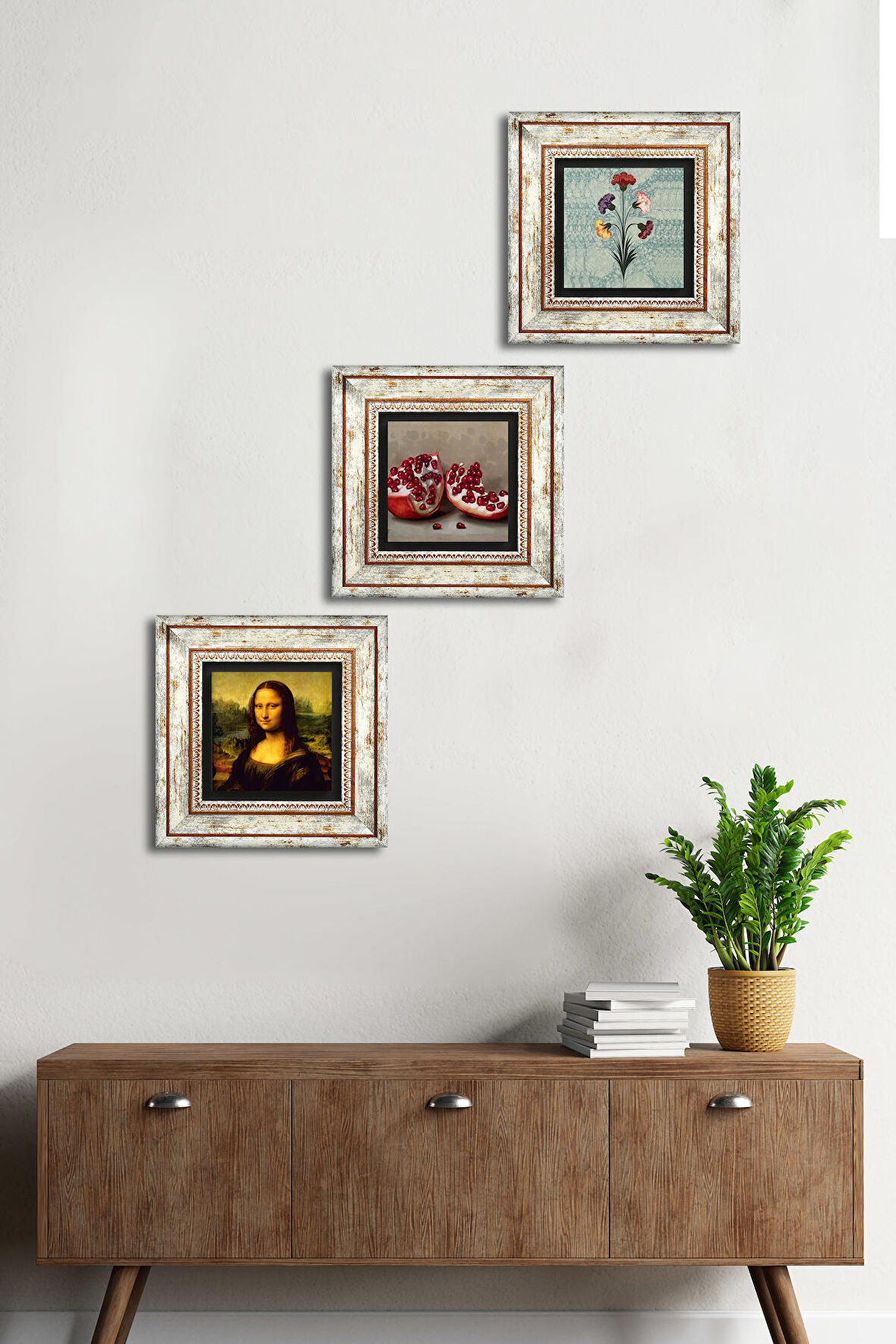 Ebru Sanatı, Leonardo da Vinci Mona Lisa, Nar Taş Duvar Tablosu Çerçeveli Duvar Dekoru 3 Parça Tablo Seti Wall Art