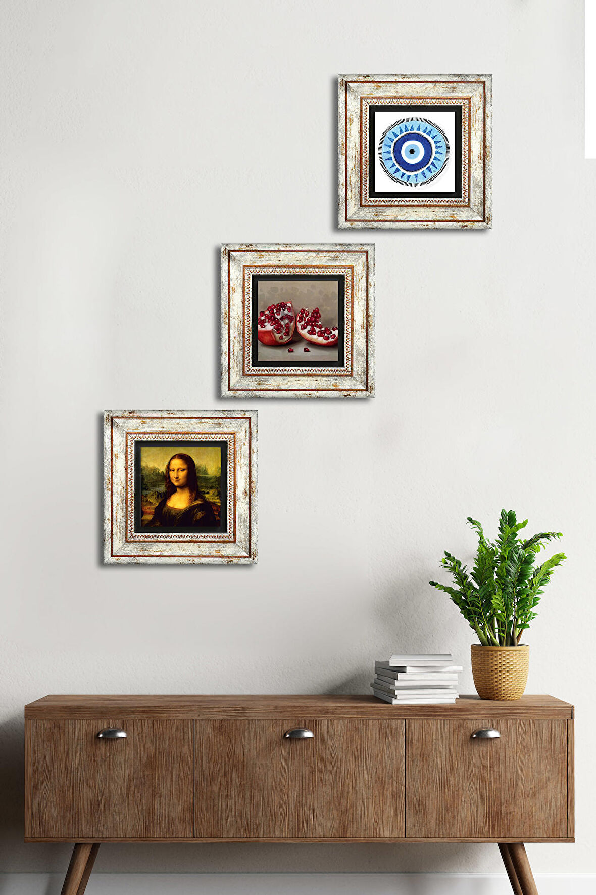 Nazar, Leonardo da Vinci Mona Lisa, Nar Taş Duvar Tablosu Çerçeveli Duvar Dekoru 3 Parça Tablo Seti Wall Art