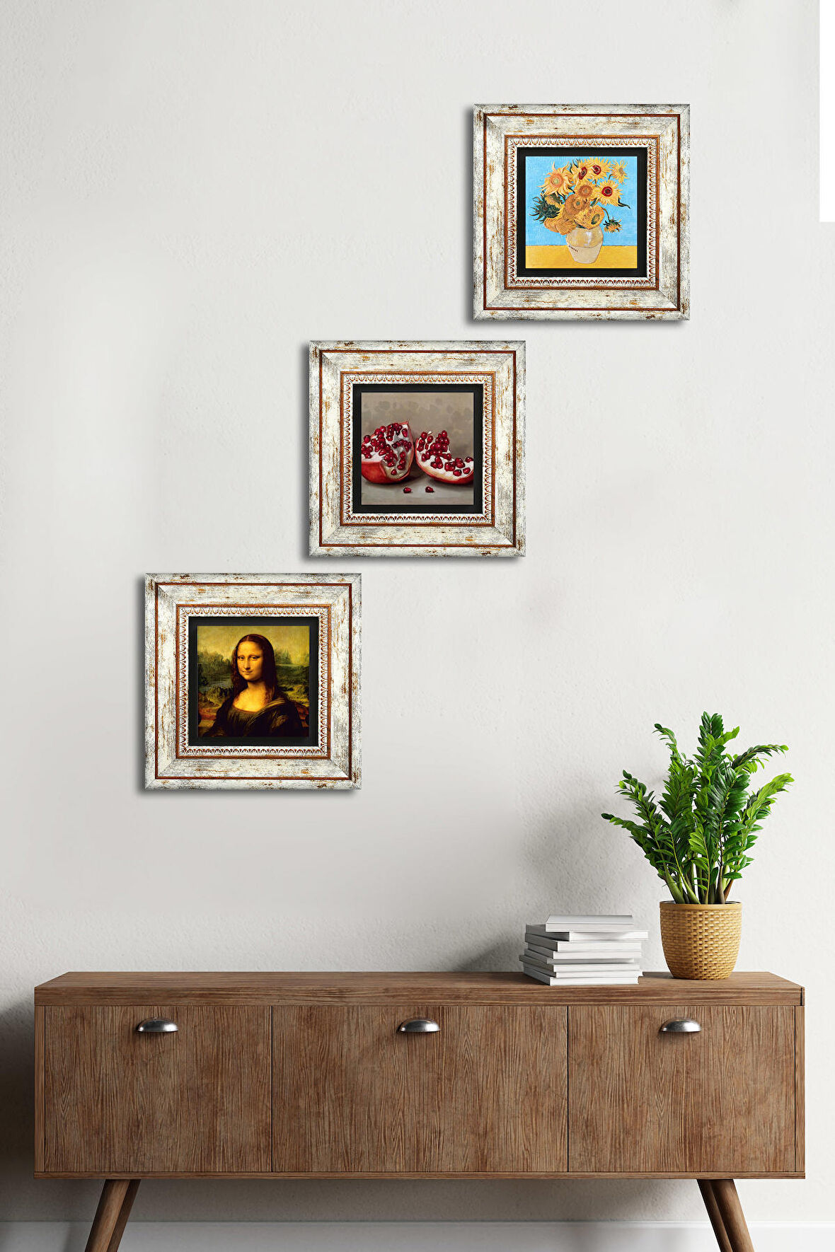 Van Gogh On İki Ayçiçekli Vazo, Da Vinci Mona Lisa, Nar Taş Duvar Tablosu Çerçeveli Duvar Dekoru 3 Parça Tablo Seti Wall Art
